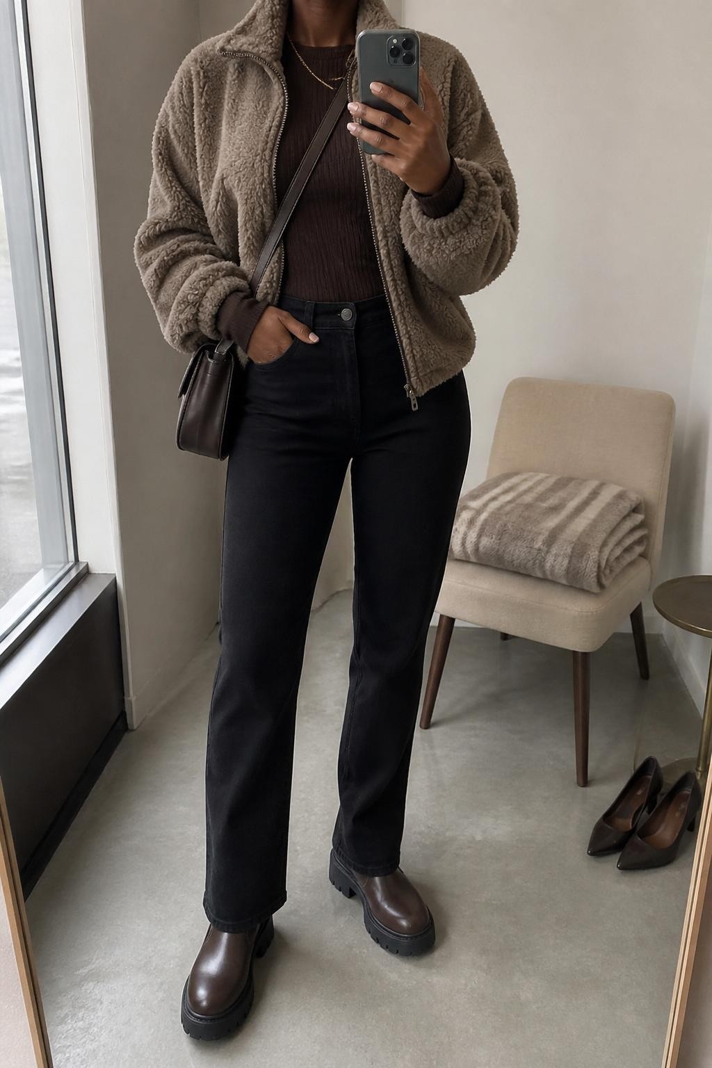 mirror selfie of a Black woman wearing a taupe sherpa jacket over a dark brown ribbed long-sleeve top, black straight-leg jeans, brown lug-sole boots, and a dark brown crossbody bag, clearly showing the same clothing items, colors, fabrics, and accessories listed in the Outfit Pieces section, holding a phone in front of a mirror, cropped at NECK so the face does not show, with a relaxed casual selfie pose, in a minimal dressing room, natural window light, including folded blanket on a chair and a pair of heels on the floor nearby, latest iPhone photo quality.