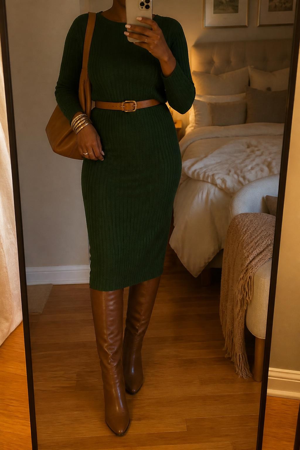 mirror selfie of a Black woman wearing the exact outfit described above, clearly showing a forest green ribbed sweater midi dress, brown knee-high leather boots, a tan waist belt, a camel shoulder bag, and gold bangles, holding a phone in front of a mirror, cropped at NECK so the face does not show, with a relaxed casual selfie pose, in a cozy bedroom mirror setup, evening golden hour, with soft pillows on an unmade bed and a folded blanket on a chair, latest iPhone photo quality.