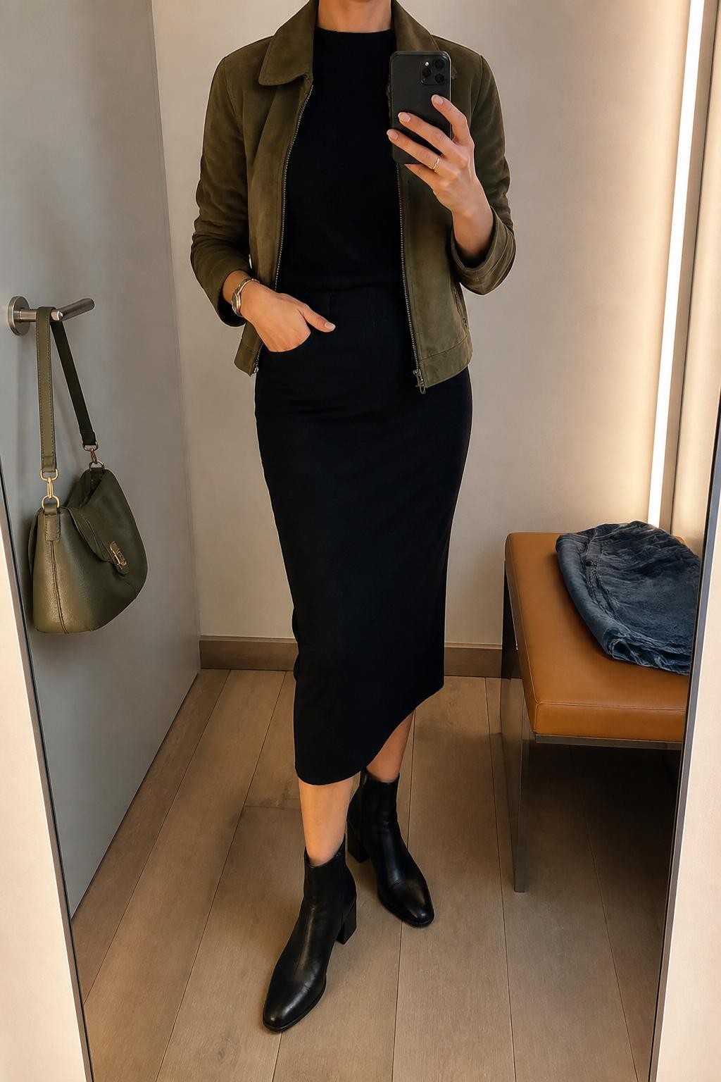 mirror selfie of a woman wearing an olive suede jacket, black fine-knit top, black pencil skirt, black block-heel ankle boots, and olive leather handbag, clearly showing the same clothing items, colors, fabrics, and accessories listed in the Outfit Pieces section, holding a phone in front of a mirror, cropped at NECK so the face does not show, with a relaxed casual selfie pose, in a minimal dressing room, evening golden hour, including a handbag hanging on a door handle and folded denim jeans on a bench, latest iPhone photo quality.