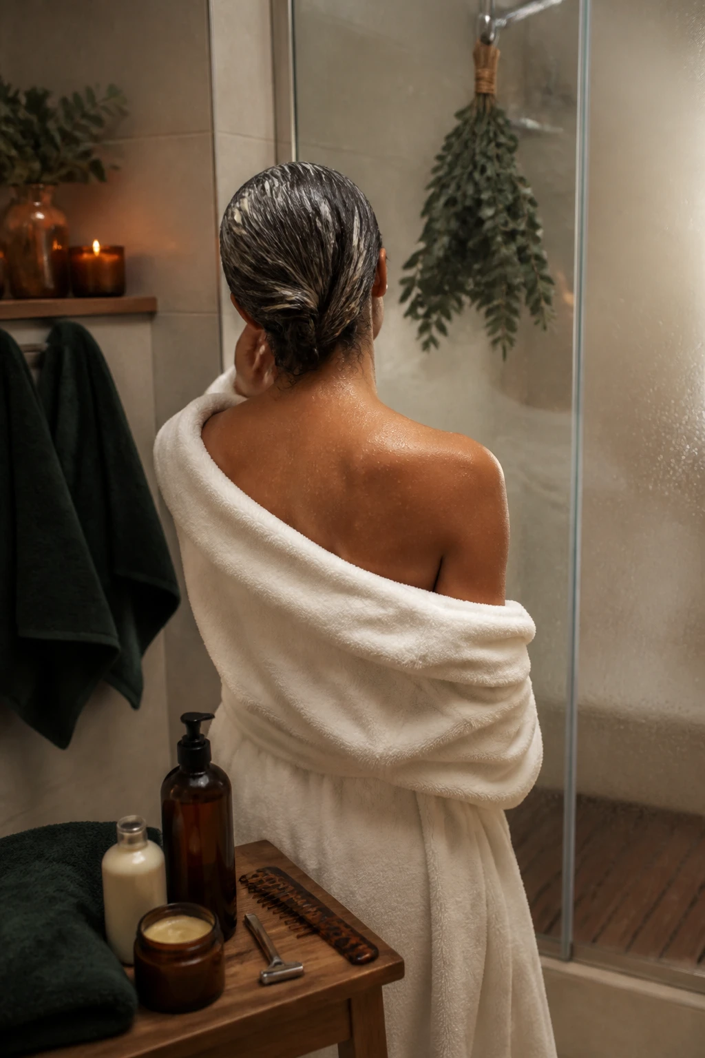 Image Prompt: A realistic spa-inspired bathroom scene showing a woman preparing for a fall  shower, photographed from behind with her face out of frame, fluffy robe hanging from one shoulder, deep conditioning hair mask, razor, body wash, shampoo, wide-tooth comb and rich body cream arranged on a wooden bath stool, warm steam filling the shower area, eucalyptus branches tied near the showerhead, amber candles glowing safely on a dry shelf, dark green towels, cream tile, wooden accents, soft low evening lighting, cozy autumn mood without obvious seasonal clichés, realistic water droplets and skin texture, high-end DSLR home wellness photography, 35mm lens, no text, no visible product branding.