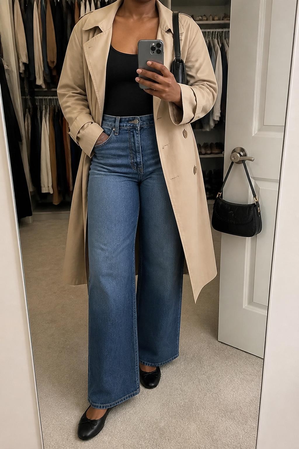 mirror selfie of a Black woman wearing a lightweight camel trench coat, fitted black tank top, blue wide-leg jeans, black ballet flats, and a black mini shoulder bag, clearly showing the same clothing items, colors, fabrics, and accessories listed in the Outfit Pieces section, holding a phone in front of a mirror, cropped at NECK so the face does not show, with a relaxed casual selfie pose, in a walk-in closet mirror, soft indoor lighting, including an open closet with clothes visible and a handbag hanging on a door handle, latest iPhone photo quality.