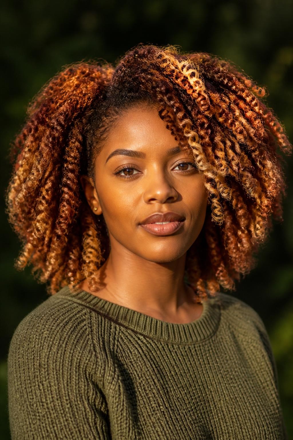 A realistic close-up portrait of a Black woman with medium-dark brown skin and full collarbone-length coils, caramel apple strawberry blonde color, deep caramel-brown roots and inner coils, warm apple-cider copper painted through selected outer curls, soft strawberry-gold ribbons around the face and crown, pale caramel-blonde tips on a few lower coils, natural root depth fully preserved, no uniform red coating, defined texture with light frizz, olive knit top, small gold studs, blurred dark green background, golden autumn light, realistic curl pattern, accurate tonal separation and natural skin detail.