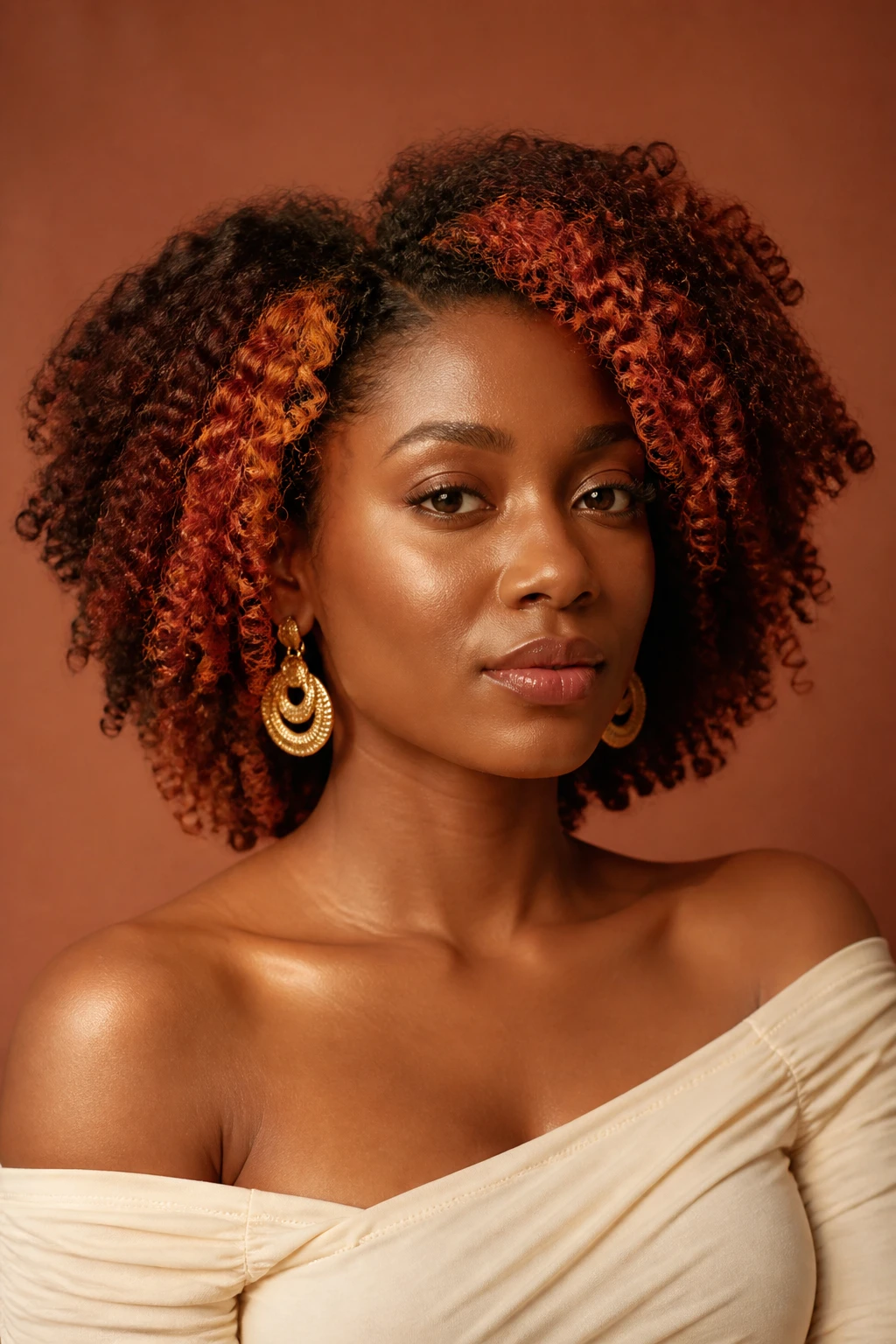 A realistic editorial portrait of a Black woman with medium-dark skin and rounded shoulder-length coils, deep auburn-brown base with a fire opal halo, vivid but refined coral-copper, golden persimmon, and red-orange tones placed around the complete front hairline, outer face-framing coils, temples, and thin nape section, natural dark roots preserved, inner coils remaining deep auburn, no fluorescent orange or uniform bright coating, cream off-shoulder top, gold statement earrings, muted terracotta background, soft directional window light, precise halo placement and realistic curl texture.