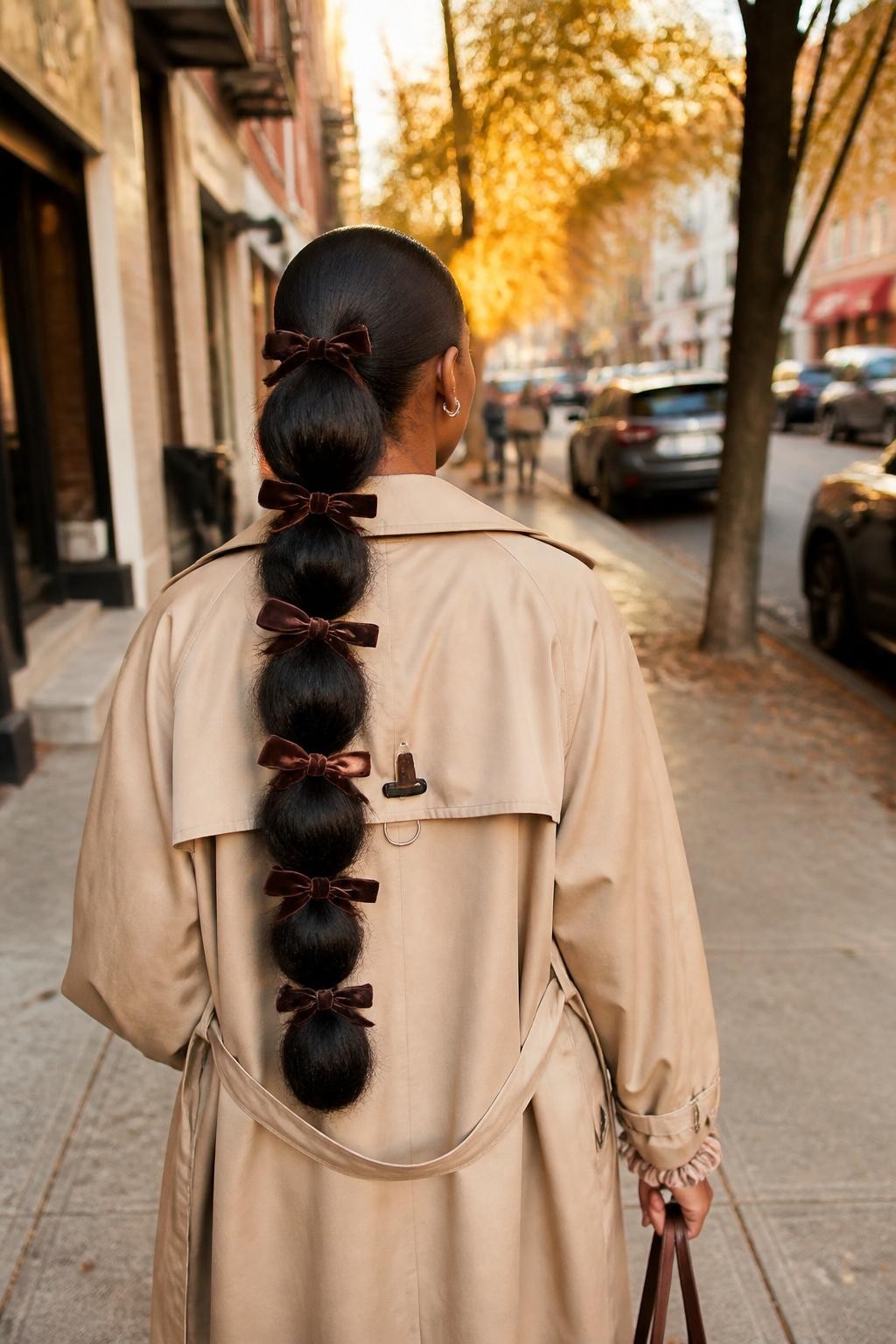 Image prompt: Photo of a Black woman wearing a long textured bubble braid with evenly rounded sections and small chocolate-brown velvet bows, back-of-head view, softly blurred city street background with warm fall trees, golden hour glow, a tiny hair clip attached to her trench coat collar and a silk scrunchie around her wrist, realistic candid walking photo, latest iPhone photo quality.