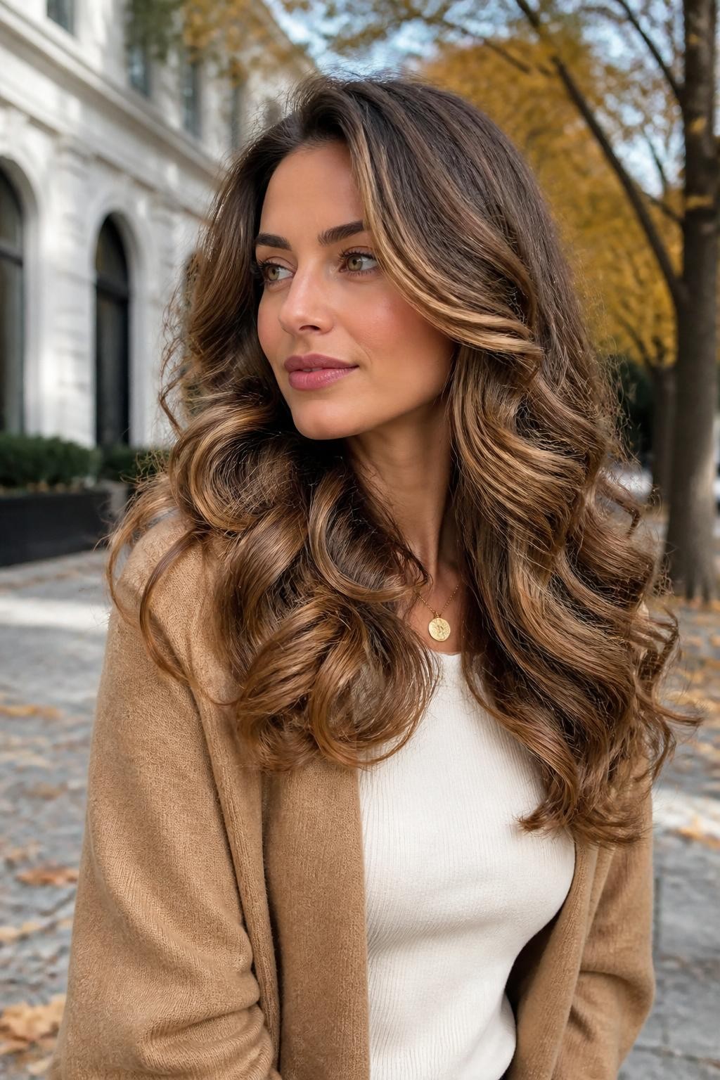 A realistic portrait of a woman with light olive skin and long layered curls, toasted chai bronde hair color, medium chai-brown root base, soft biscuit-blonde, toasted almond, and muted honey ribbons painted through the outer curls, darker cocoa curls preserved beneath the surface, brighter beige-gold pieces framing the cheekbones, seamless root transition, no pale platinum or yellow highlights, natural curl volume, camel cardigan over an ivory top, outdoor autumn street background, cloudy daylight, realistic dimensional color and hair movement.