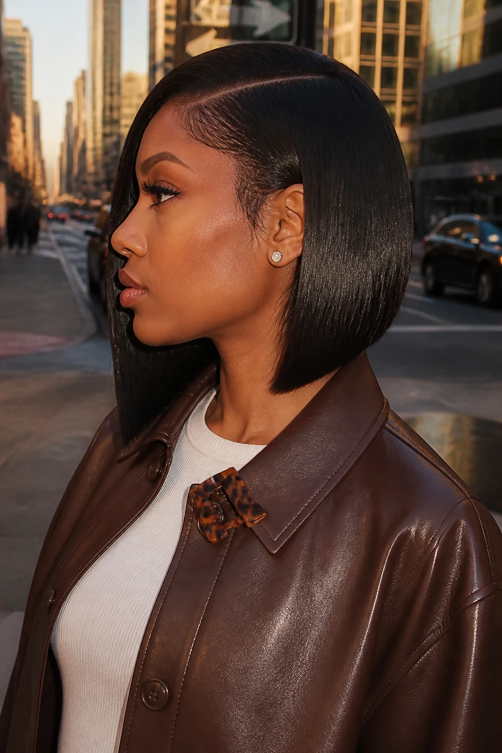 Image prompt

Photo of a woman wearing a sleek asymmetrical straight weave bob with one side slightly longer and the shorter side tucked behind her ear, side profile view showing the angled cut, standing against a softly blurred city street background, golden hour glow, containing a small lived-in detail such as small silver earrings peeking through and a tortoiseshell hair clip attached to her jacket collar, realistic candid photograph, latest iPhone photo quality.