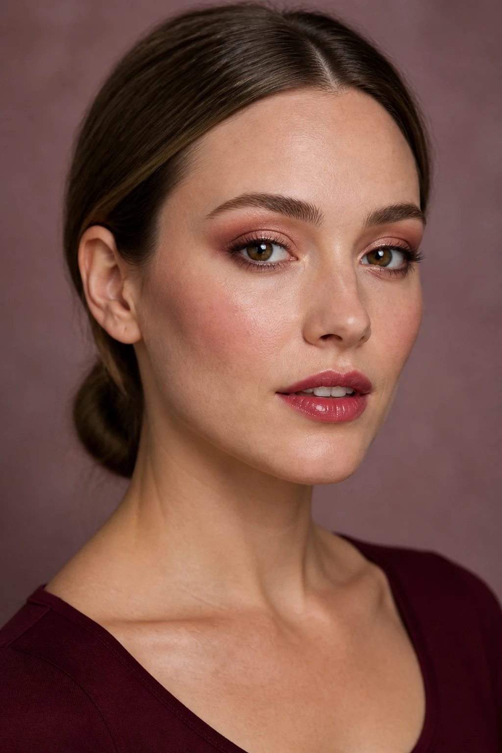 Create one refined professional beauty portrait of a woman aged 24 to 31 with fair skin, neutral-rosy undertones, deep brown round-almond eyes, a softly oval face, and natural pink lips. Her dark blonde hair is styled in a loose low knot with a centre part and all face-framing strands tucked securely behind the ears. She wears a simple soft burgundy scoop-neck top.
Blend muted burgundy matte eyeshadow from the upper lash lines across the mobile lids and through the crease, keeping the edges softly diffused and slightly sheer. Add deep rose-brown matte shadow at the outer upper lash lines and outer corners for controlled definition. Press champagne-rose satin shadow onto the centre of each lid, allowing it to catch the light without covering the surrounding burgundy. Add a pinpoint pale rose highlight to the inner corners. Draw a thin rose-brown pencil line directly along the upper lashes with no dramatic wing. Keep the lower lash lines mostly clean, adding only a faint burgundy haze to the outer quarter. Apply brown-black mascara to separated lashes with natural length. Groom the brows softly, maintaining visible individual hairs and their natural shape.
Use luminous natural-finish foundation matched accurately to the face, neck, and upper chest. Preserve freckles or minor skin variation, pores, fine facial hairs, natural under-eye texture, and subtle facial asymmetry. Apply cool rose blush high on the apples of the cheeks and blend it toward the temples. Add light neutral bronzer around the outer face. Use a small amount of rose-champagne highlighter on the upper cheekbones. Line the lips softly with cranberry-rose pencil and apply translucent cranberry gloss, allowing the natural lip colour and visible lip lines to show beneath the shine.
Pose the model at a gentle three-quarter angle with both eyes visible and her gaze directed slightly past the camera. Her face should occupy approximately 72 percent of the frame. Photograph her with a full-frame DSLR and an 85mm lens using large window-style lighting with soft fill. Maintain accurate burgundy, rose, and cranberry tones without making the eye area appear irritated. Use a softly blurred dusty rose background.
Request accurate facial anatomy, correctly aligned pupils, natural eye direction, balanced shadow placement, individual lashes and brows, natural pores, fine facial hairs, natural lip lines, believable skin highlights, precise colour separation, realistic hair strands, and natural proportions.
Avoid plastic skin, excessive airbrushing, muddy burgundy, red-rimmed irritated eyes, disappearing centre shimmer, uneven liner, distorted pupils, crossed eyes, duplicated lashes, block brows, oversized lips, mismatched foundation, harsh contour stripes, metallic highlight streaks, strange teeth, distorted earrings, extra fingers, hands covering the face, floating products, text, logos, watermarks, collages, and split-screen layouts.