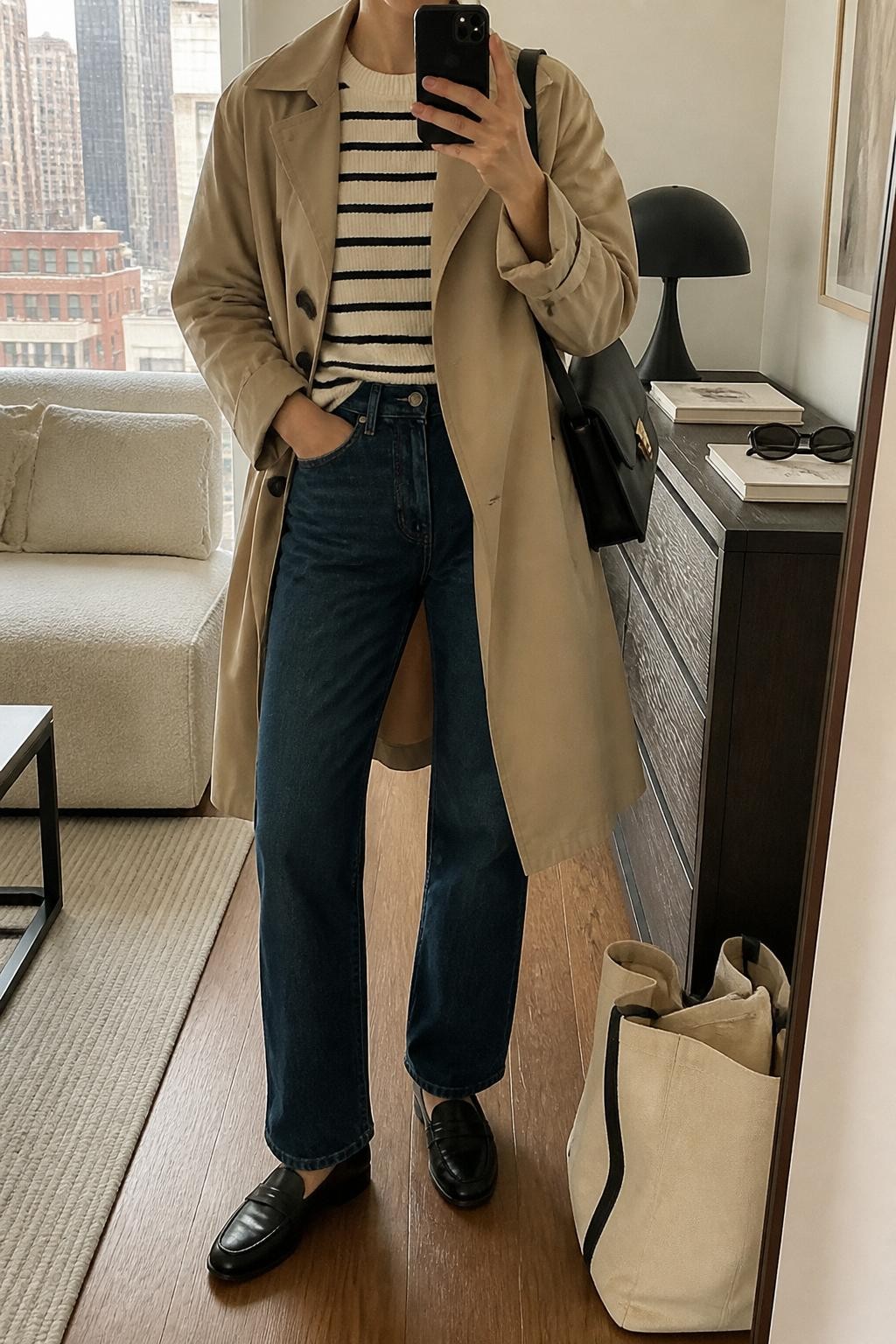mirror selfie of a woman wearing a lightweight camel trench coat, cream and black striped knit sweater, dark-wash straight-leg jeans, black leather loafers, and a structured black shoulder bag, clearly showing the same clothing items, colors, fabrics, and accessories listed in the Outfit Pieces section, holding a phone in front of a mirror, cropped at NECK so the face does not show, with a relaxed casual selfie pose, in a stylish city apartment, natural window light, including sunglasses placed on a dresser and a tote bag resting on the floor, latest iPhone photo quality.