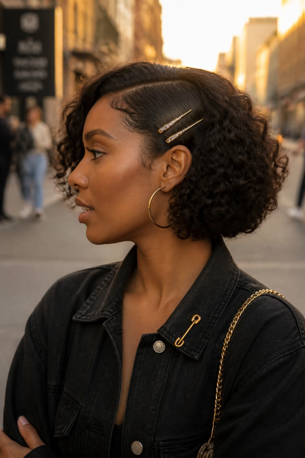 Image prompt

Photo of a Black woman wearing a short curly bob with one frizzy side smoothed and pinned behind the ear using two slim gold barrettes, while the opposite side stays full and softly defined, side profile view against a softly blurred city street background, golden hour glow, containing a small lived-in detail such as hoop earrings, a tiny handbag near her elbow, and a spare clip attached to her jacket collar, realistic candid photograph, latest iPhone photo quality.