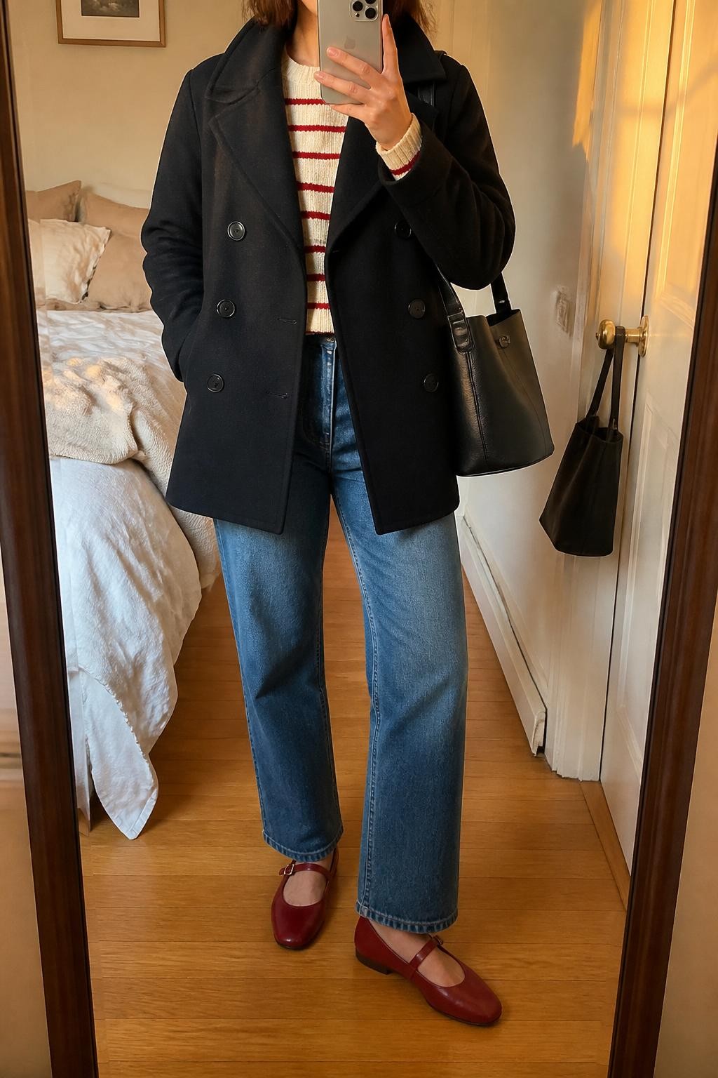 Mirror selfie of a woman wearing a double-breasted black wool peacoat over a cream knit sweater with narrow tomato-red horizontal stripes, medium-wash relaxed straight-leg jeans, red leather Mary Jane flats, and a black leather bucket bag, clearly showing the exact clothing items, colors, stripes, fabrics, and accessories listed, holding a latest-model iPhone in front of a mirror, cropped at the neck so the face does not show, relaxed casual selfie pose, in a cozy bedroom mirror setup with evening golden-hour lighting, soft pillows on an unmade bed and a handbag hanging on a door handle, natural casual composition, latest iPhone photo quality.