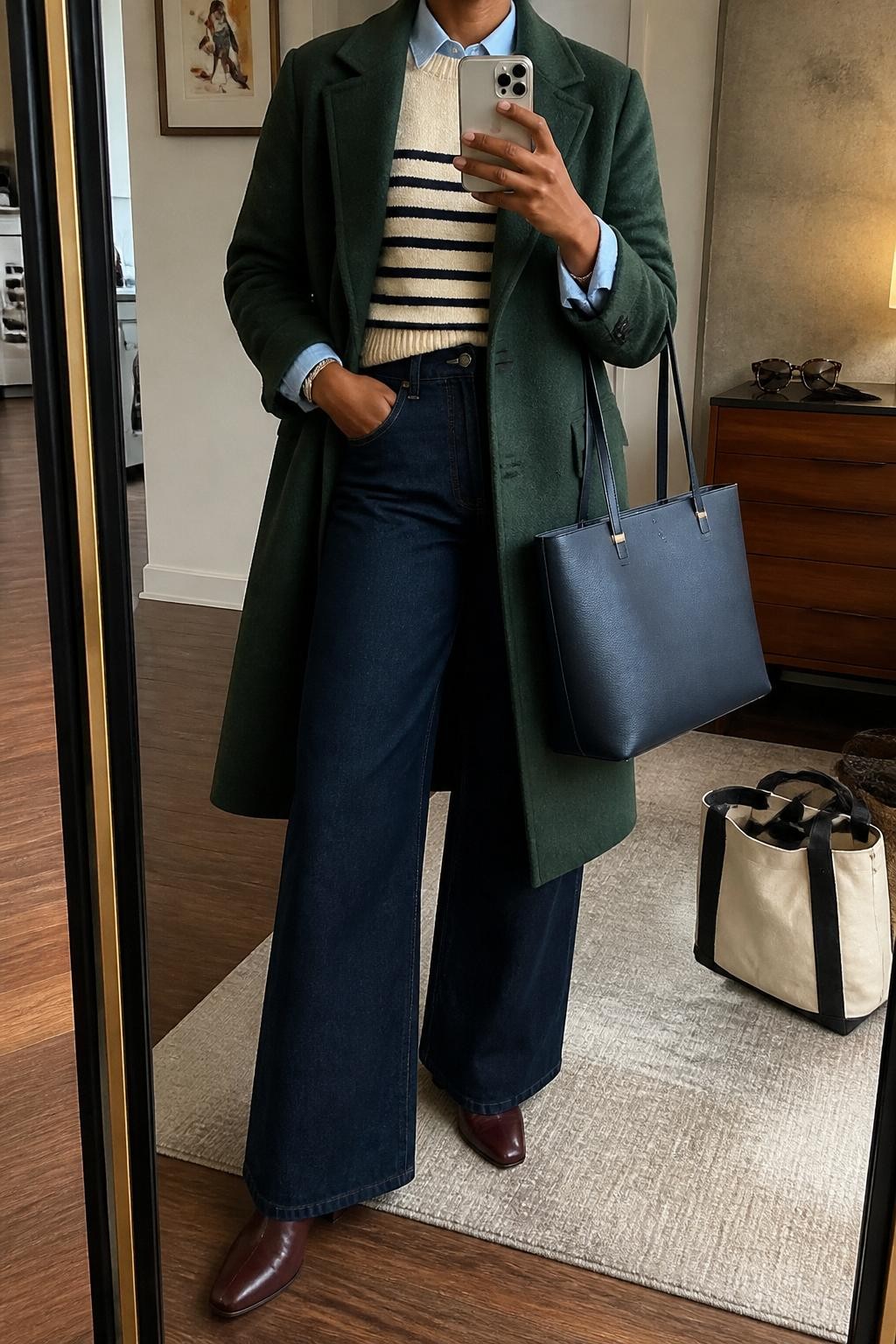 Mirror selfie of a Black woman with warm brown skin wearing a knee-length forest green wool coat over a cream-and-navy striped knit sweater layered above a pale blue collared shirt, high-waisted dark indigo wide-leg jeans, burgundy leather ankle boots, and a structured navy tote bag, clearly showing the exact clothing items, colors, patterns, fabrics, and accessories listed, holding a latest-model iPhone in front of a mirror, cropped at the neck so the face does not show, relaxed casual selfie pose, in a stylish city apartment with warm moody lighting, a tote bag resting on the floor and sunglasses placed on a dresser, realistic unstaged composition, latest iPhone photo quality.
