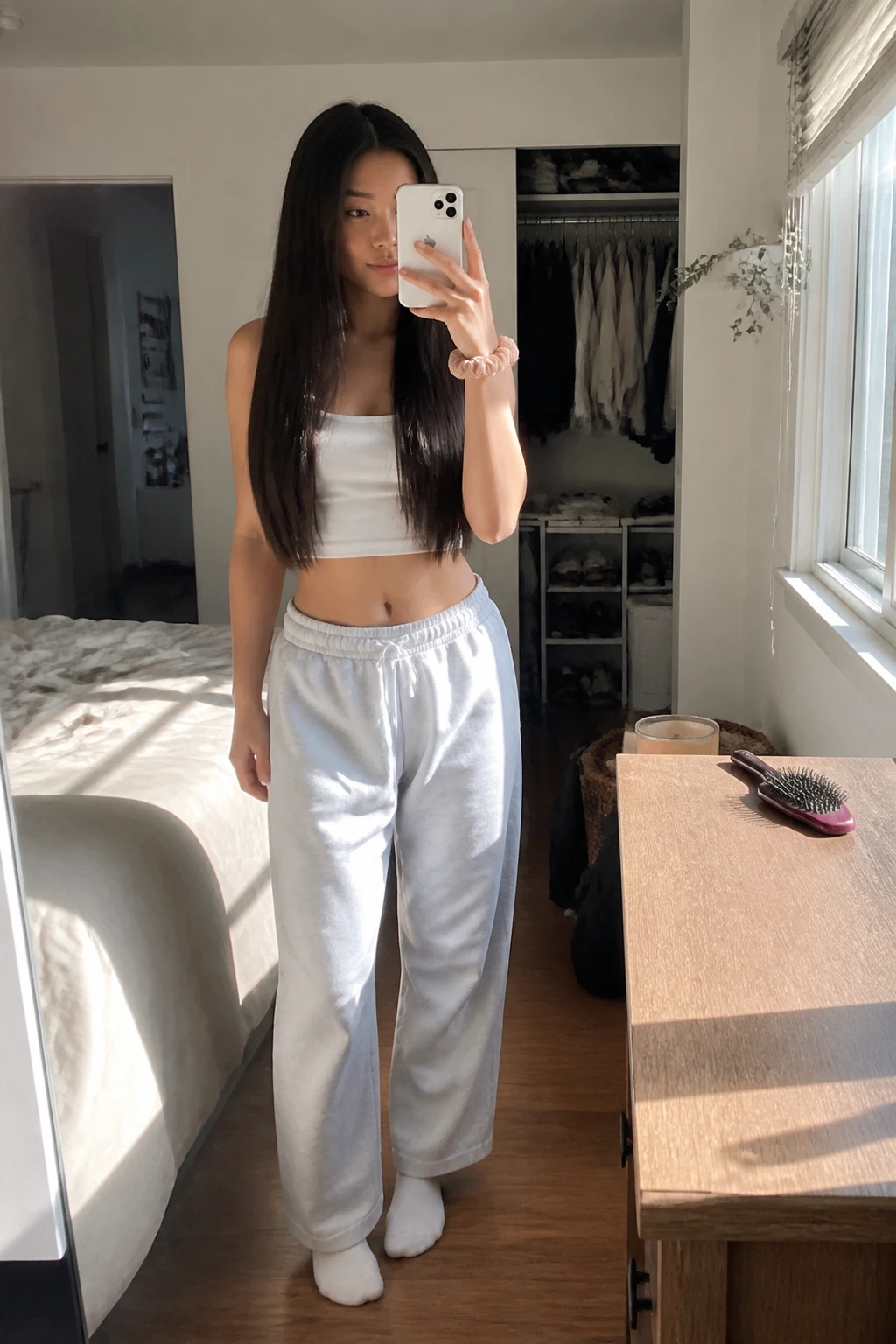 Image prompt
Photo of a woman wearing sleek middle-part straight hair with long glossy strands and a smooth natural finish, candid mirror selfie showing the full length, standing in a sun-drenched bedroom with a slightly open closet behind her, natural window light, containing a small lived-in detail such as a silk scrunchie on her wrist and a paddle brush on the dresser, realistic getting-ready moment, latest iPhone photo quality.