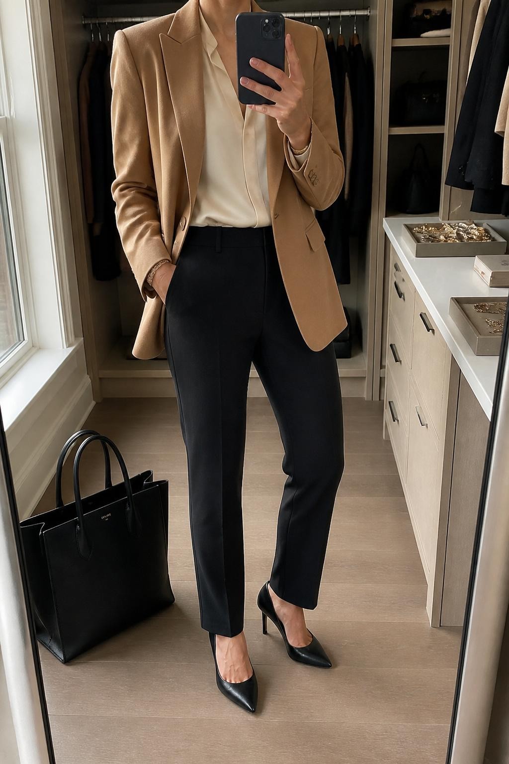 mirror selfie of a woman wearing a camel wool blazer, ivory silk blouse, black tailored trousers, black pointed leather pumps, and a structured black work tote, clearly showing the same clothing items, colors, fabrics, and accessories listed in the Outfit Pieces section, holding a phone in front of a mirror, cropped at NECK so the face does not show, with a relaxed casual selfie pose, in a walk-in closet mirror, natural window light, including a tote bag resting on the floor and a jewelry tray on the vanity, latest iPhone photo quality.