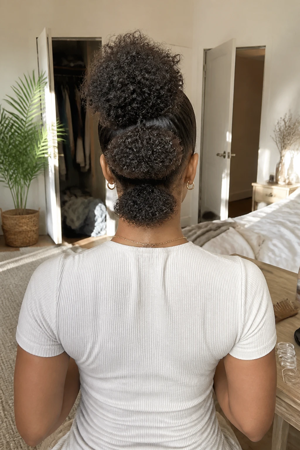 Image prompt
Photo of a woman wearing a curly faux hawk made from three connected ponytails stacked vertically from the crown to the nape, back-of-head view showing the full raised shape, standing in a sun-drenched bedroom, natural window light, containing a small lived-in detail such as clear elastics on the vanity, a wide-tooth comb nearby, and a slightly open closet behind her, realistic getting-ready moment, latest iPhone photo quality.