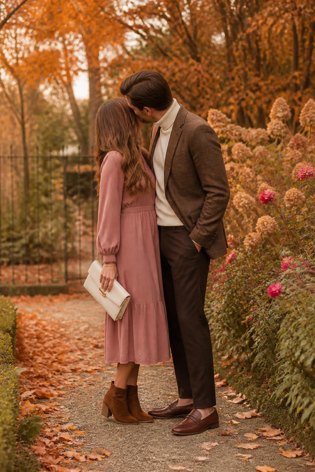 outdoor DSLR photo of a couple wearing romantic fall photoshoot outfits, the woman wearing a dusty rose long-sleeve midi dress, brown suede ankle boots, delicate gold jewelry, and a cream clutch bag, the man wearing a brown tweed blazer, cream turtleneck, dark brown trousers, and brown leather loafers, standing together in a garden path with soft orange leaves and late fall flowers, dreamy golden hour lighting, gentle romantic pose, faces turned toward each other but softly hidden, realistic warm autumn couple photography, latest iPhone photo quality.
