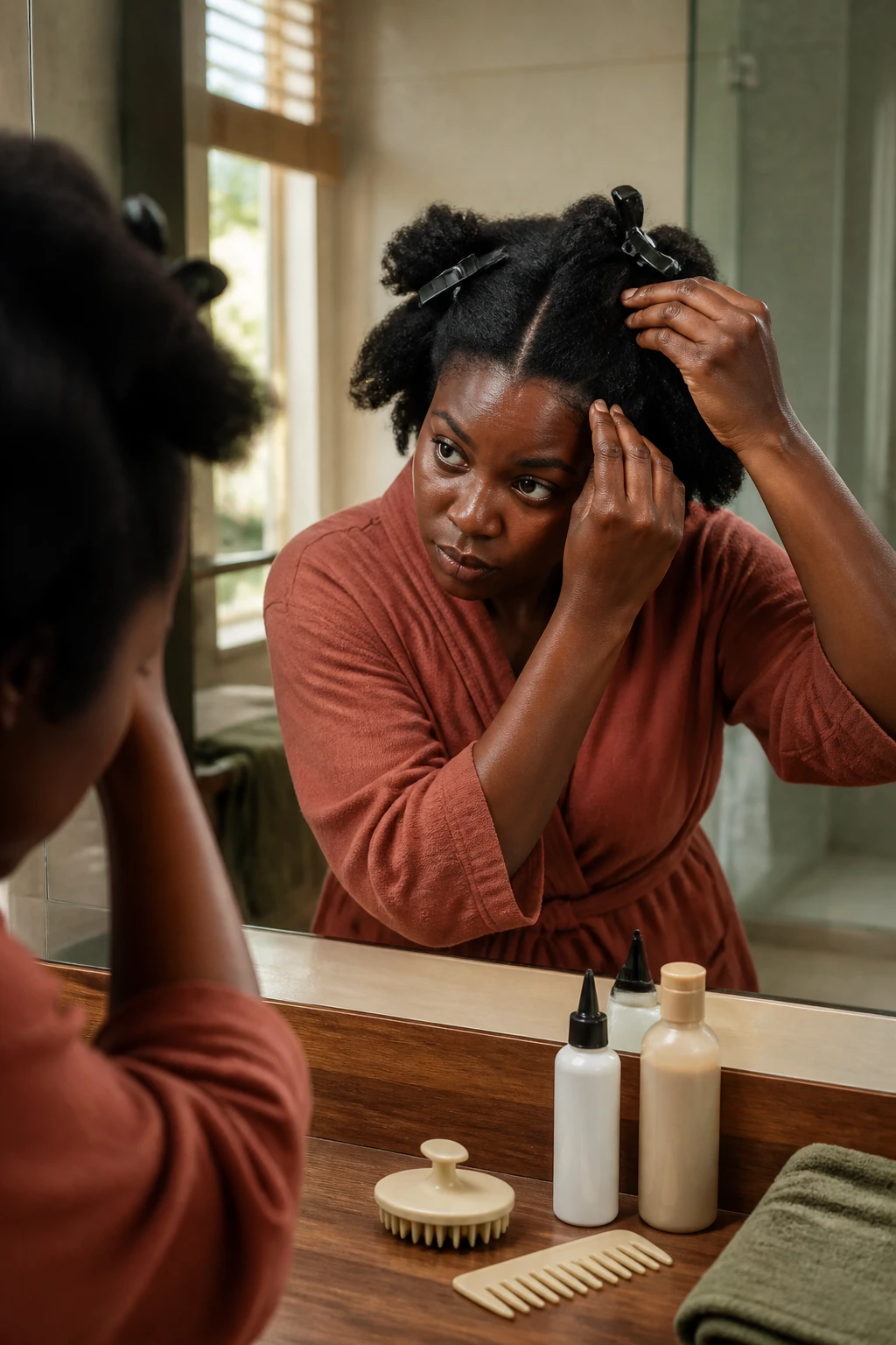 Image Prompt: A realistic DSLR beauty photograph of a Black woman with deep brown skin examining her scalp in a large bathroom mirror, dense natural hair divided into four clean sections with wide clips, fingertips gently lifting one section while she checks the visible scalp parting, gentle shampoo, narrow-tip applicator bottle, soft scalp brush, wide-tooth comb, and microfiber towel arranged neatly on a walnut vanity, woman wearing a muted rust robe, warm morning window light, cream stone tiles and olive towels, highly detailed natural hair strands and realistic scalp texture, calm professional haircare editorial photography, 85mm lens, no product branding, no text.