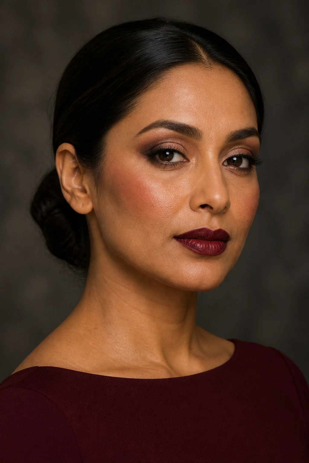 Create a single sophisticated professional beauty portrait of a woman aged 33 to 41 with medium-deep skin, olive-neutral undertones, almond-shaped dark brown eyes, defined cheekbones, and naturally full lips. Her long dark brown hair is styled in a sleek low bun with a centre part, keeping every strand away from the eyes and cheek area. She wears a simple deep wine-red bateau-neck top.
Apply satin bronze-taupe eyeshadow across the inner and centre portions of the mobile lids. Blend matte cocoa-brown through the crease with soft, controlled edges. Concentrate deep matte espresso shadow along the outer upper lash lines, outer corners, and outer crease, blending it outward into a softly elongated shape rather than covering the full lid. Maintain clear separation between the bronze-taupe centre and espresso outer corner. Add a small muted champagne-bronze highlight at the inner corners. Smudge espresso pencil tightly along the upper lashes, thickening it slightly at the outer thirds without creating a sharp black wing. Place cocoa and espresso shadow along the outer half of the lower lash lines, leaving the inner lower corners clean. Apply separated lashes with moderate volume and slightly longer outer corners. Keep the brows full, softly angled, and detailed with individual hairs.
Use satin-matte foundation matched accurately to the face, neck, and chest. Preserve pores, fine facial hairs, natural under-eye texture, and slight skin variation. Apply neutral rose blush high on the cheeks with an upward blend. Add soft olive-brown bronzer around the temples, cheek perimeter, and jawline. Use a restrained bronze-champagne highlight on the tops of the cheekbones. Line the lips with deep wine-brown pencil and apply deep wine velvet lipstick with natural dimension, visible lip lines, and clean but not overly sharp edges.
Pose the model at a three-quarter angle with both eyes visible and her gaze directed slightly past the camera. Her face should occupy around 76 percent of the frame. Photograph her using a full-frame mirrorless camera and an 85mm lens with gentle side lighting and soft frontal fill. Keep the dark espresso areas detailed rather than flat, and preserve the bronze-taupe colour. Use a softly blurred charcoal background with a warm undertone.
Include accurate facial anatomy, correctly aligned pupils, natural eye direction, balanced smoky placement, individual eyelash and eyebrow hairs, natural pores, fine facial hairs, natural lip lines, subtle facial asymmetry, believable skin highlights, accurate pigment placement, realistic hair strands, and natural human proportions.
Avoid plastic skin, excessive smoothing, flat black smoky eyes, muddy bronze and espresso, disappearing centre lid colour, uneven liner, distorted pupils, crossed eyes, duplicated lashes, block-shaped brows, oversized lips, mismatched foundation, harsh contour stripes, metallic highlight streaks, strange teeth, distorted earrings, extra fingers, hands covering the makeup, floating products, text, logos, watermarks, collages, and split-screen layouts.