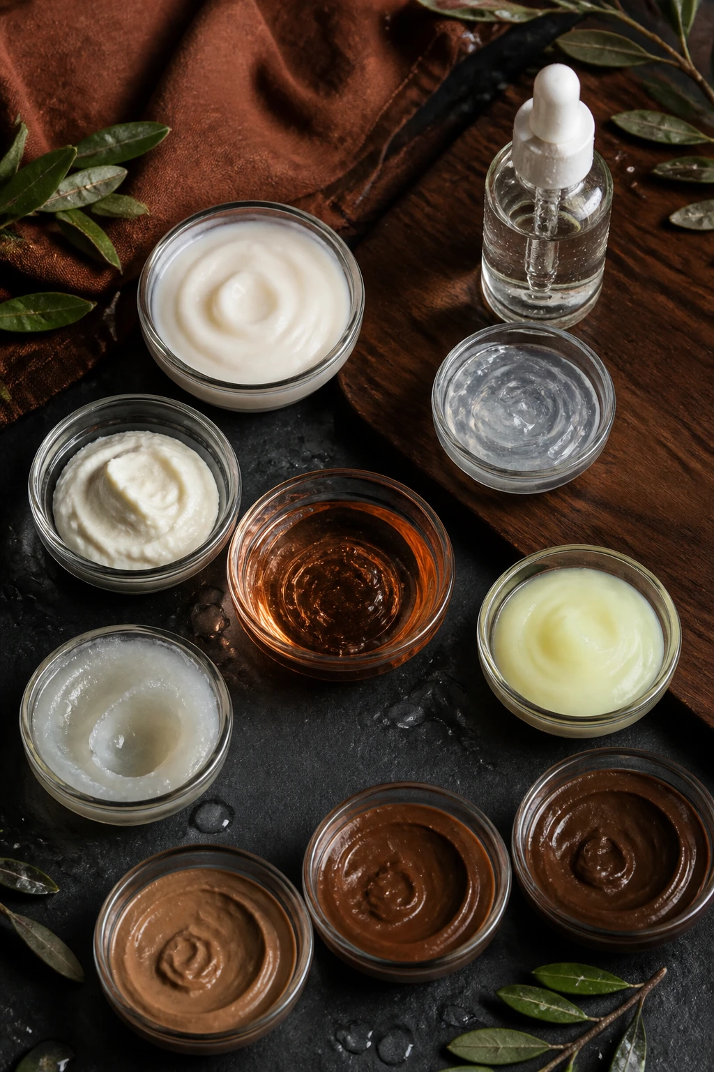 Image Prompt: A premium realistic beauty flat lay showing skincare ingredients commonly useful for melanin-rich skin during fall, silky ceramide cream, clear glycerin serum, translucent hyaluronic gel, azelaic acid cream, vitamin C serum, low-strength retinoid gel, rich petrolatum ointment, and tinted iron-oxide sunscreen in several deep neutral shades arranged in plain unbranded glass dishes on a dark stone and walnut surface, rust linen, water droplets, and muted olive leaves adding seasonal atmosphere, soft directional lighting, highly realistic cosmetic textures, DSLR macro editorial photography, 100mm lens, no labels, no text overlay.