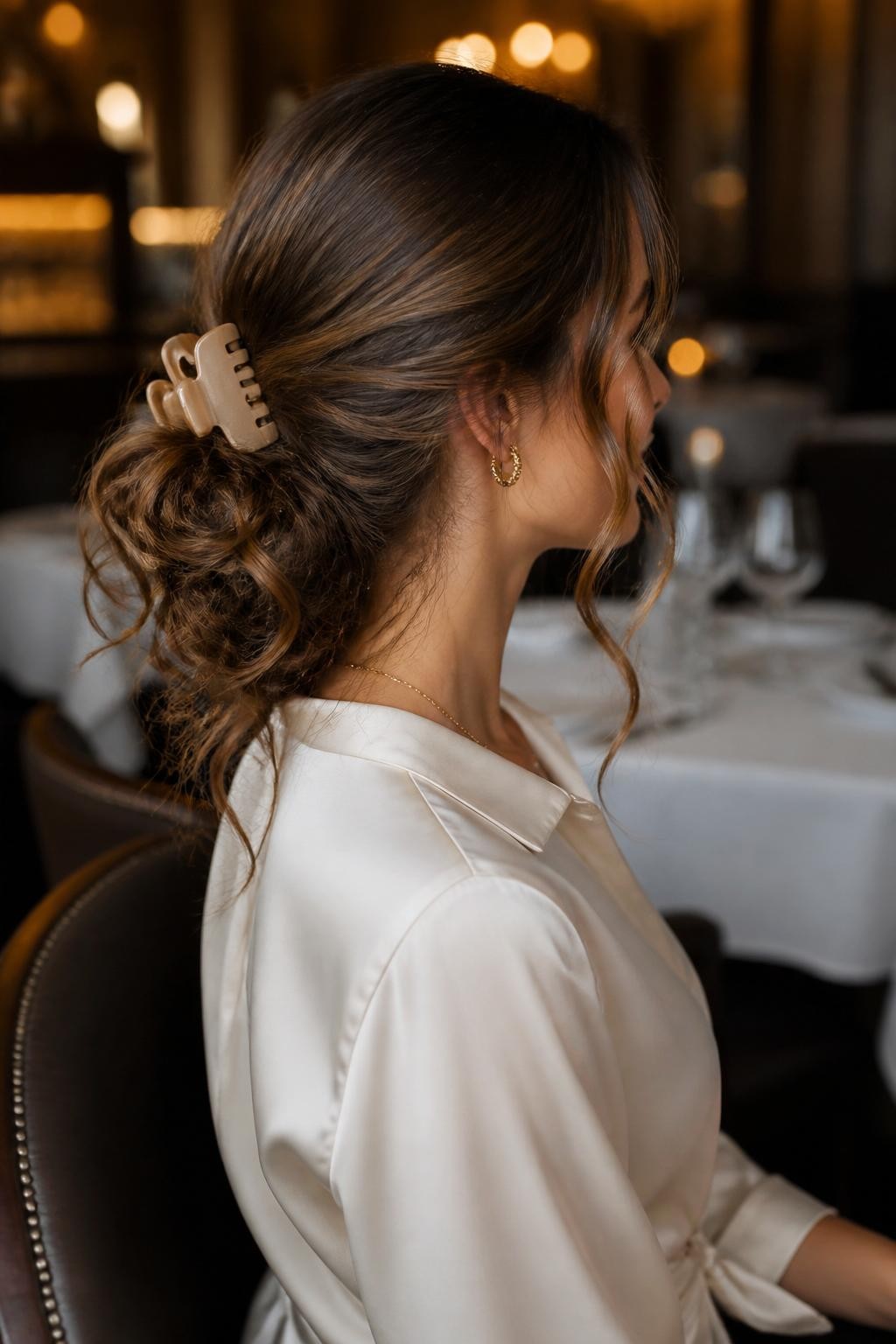 A realistic editorial hairstyle photo of a woman with medium-long soft curls styled into a low loose chignon held with a champagne claw clip, smooth crown with gentle texture, curly tendrils around the face, satin ivory blouse, elegant restaurant-style background, warm indoor light, polished feminine hairstyle inspiration, high-resolution DSLR photo, no text, (no watermarks on images)