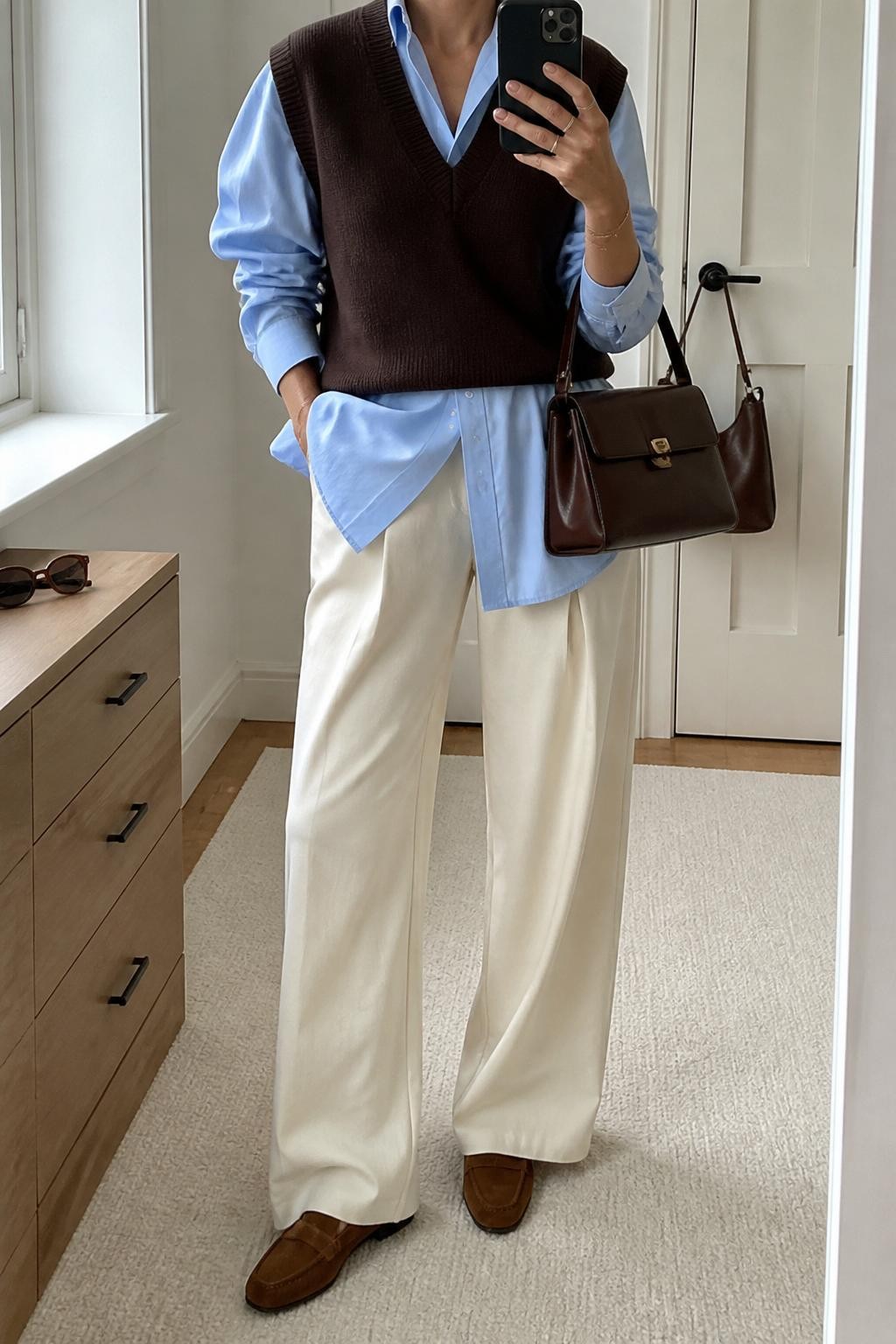 mirror selfie of a woman wearing a chocolate brown V-neck sweater vest layered over a pale blue oversized Oxford shirt, ecru wide-leg trousers, brown suede loafers, and a structured dark brown handbag, clearly showing the same clothing items, colors, fabrics, footwear, and accessories listed in the Outfit Pieces section, holding a phone in front of a mirror, cropped at NECK so the face does not show, with a relaxed casual selfie pose, in a minimal dressing room, natural window light, including sunglasses placed on a dresser and a handbag hanging on a door handle, latest iPhone photo quality.
