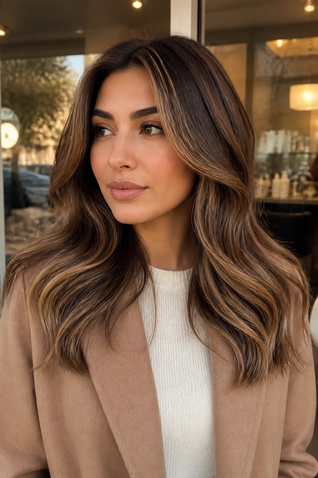 A realistic salon portrait of a woman with medium olive skin and long layered hair, roasted pecan bronde marbling, deep pecan-brown root base, irregular ribbons of toasted almond blonde, caramel beige, golden walnut, and medium neutral brown, brighter pieces placed around the temples and lower front layers, darker inner sections preserved, no uniform foil stripes, loose blowout waves, camel coat over a cream sweater, blurred salon windows, soft late-afternoon light, seamless color blending and realistic flyaways.