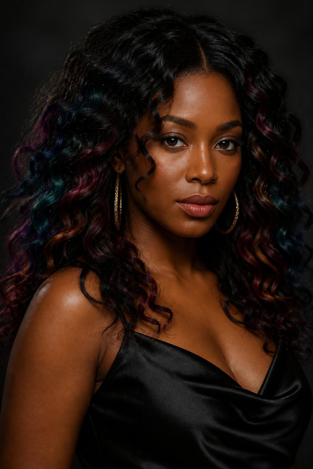 Hair Color Image Prompt:
A realistic editorial portrait of a Black woman with warm dark-brown skin and long near-black curls, autumn oil-slick color, soft black base with hidden ribbons of deep emerald, garnet red, burnt violet, petrol blue, and muted bronze painted onto selected outer and lower curls, natural black roots fully preserved, jewel tones appearing separately as the curls catch narrow directional light, brighter ribbons placed behind the ears and through the lower face frame, no rainbow gradient, pastel shades, or glowing fantasy effect, black satin dress, bronze earrings, dark neutral studio background, realistic reflective pigment, natural frizz, detailed skin texture.
