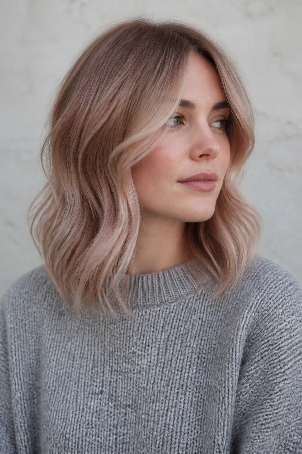 A realistic beauty portrait of a woman with fair neutral skin and shoulder-length softly textured hair, iced rosewood blonde melt, muted rose-brown shadow roots, dusty strawberry-beige mid-lengths, pale blush-blonde and champagne highlights through the front layers, fine mushroom-beige lowlights underneath, cooler pearl-rose ends, no vivid pink, orange, or silver sections, loose uneven bends, gray knit sweater, pale stone background, soft diffused winter daylight, realistic flyaways and matte-satin finish.