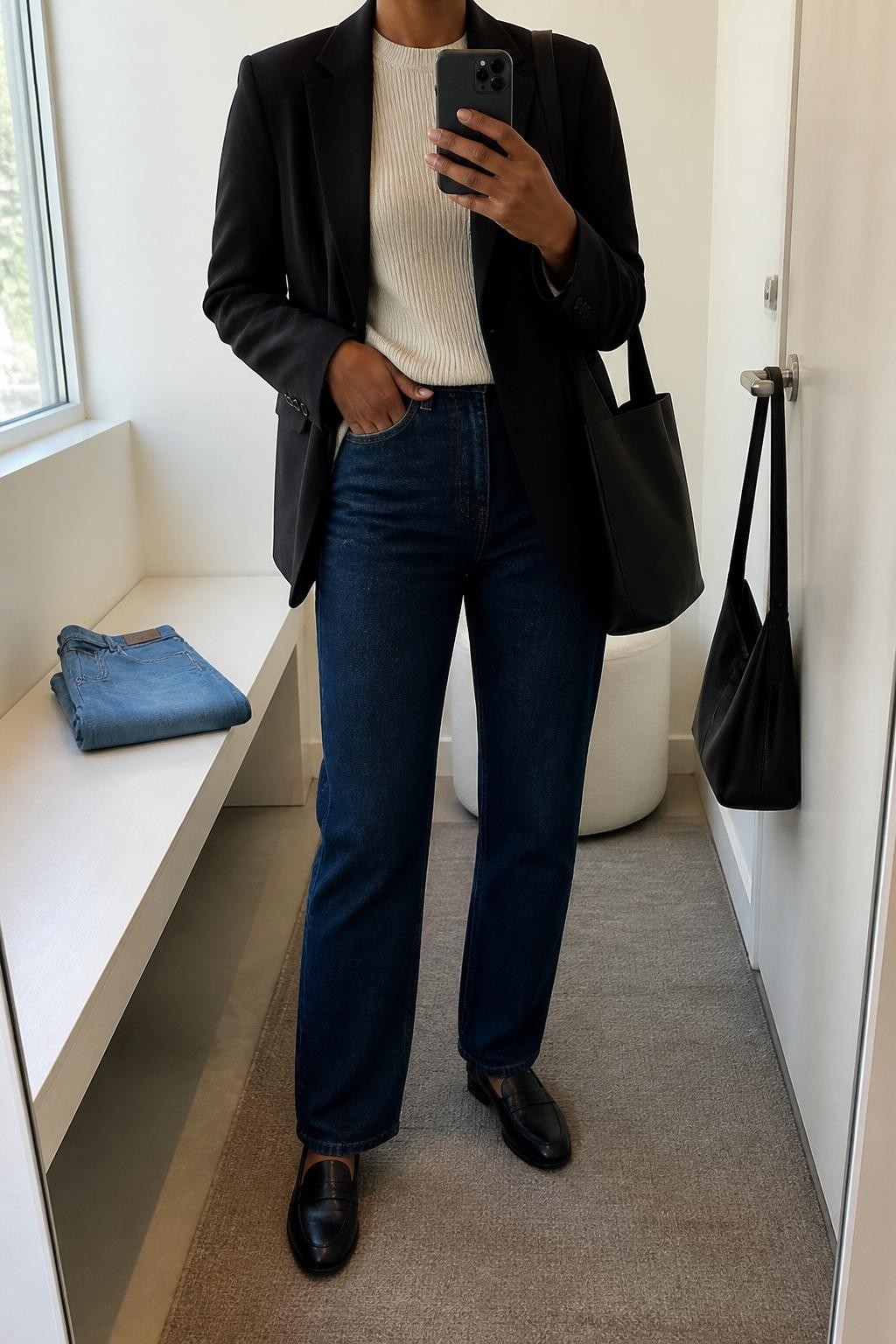 mirror selfie of a Black woman wearing a black tailored blazer, cream ribbed knit top, dark wash straight-leg jeans, black leather loafers, and black structured office tote, clearly showing the same clothing items, colors, fabrics, and accessories listed in the Outfit Pieces section, holding a phone in front of a mirror, cropped at NECK so the face does not show, with a relaxed casual selfie pose, in a minimal dressing room, natural window light, including folded denim jeans on a bench and a handbag hanging on a door handle, latest iPhone photo quality.
