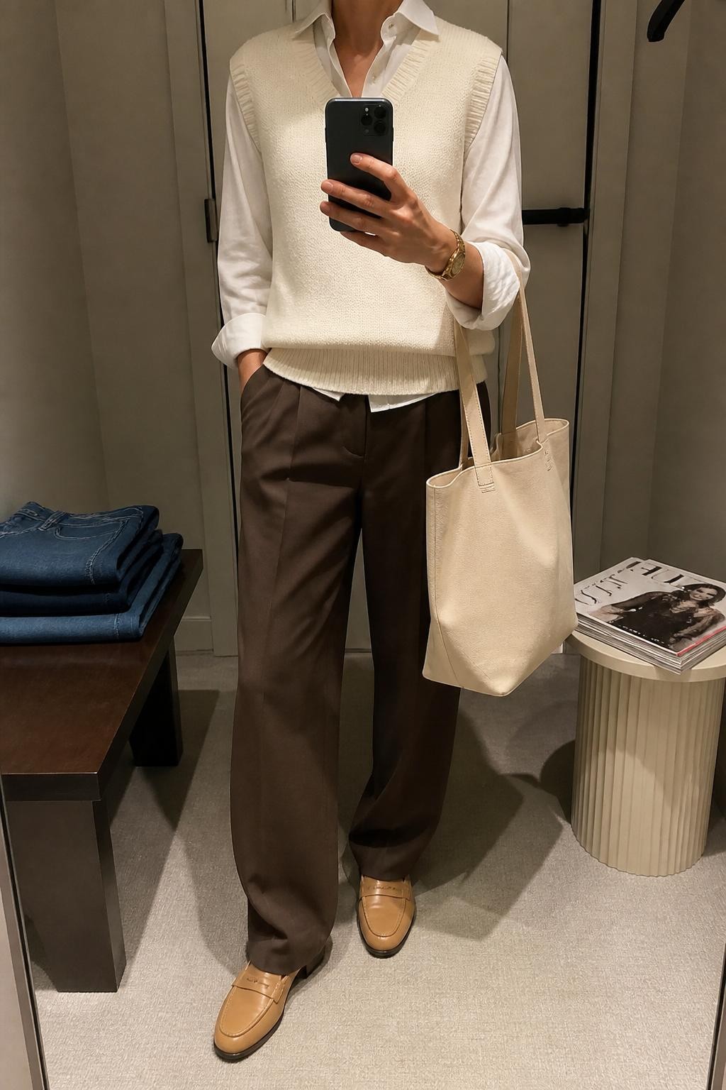 mirror selfie of a woman wearing the exact outfit described above, clearly showing an ivory knit vest layered over a crisp white button-down shirt, brown pleated trousers, tan loafers, a cream tote bag, and a slim gold watch, holding a phone in front of a mirror, cropped at NECK so the face does not show, with a relaxed casual selfie pose, in a minimal dressing room, warm moody lighting, with folded denim jeans on a bench and a stack of fashion magazines on a side table, latest iPhone photo quality.