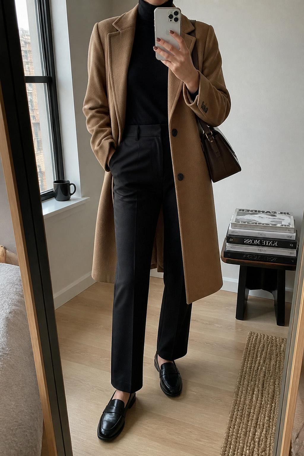 Mirror selfie of a woman wearing a knee-length camel wool coat over a fitted black fine-knit turtleneck, black high-waisted straight-leg trousers, polished black leather loafers, and a structured dark brown leather shoulder bag, clearly showing the exact clothing items, colors, fabrics, and accessories listed, holding a latest-model iPhone in front of a mirror, cropped at the neck so the face does not show, relaxed casual selfie pose, in a stylish city apartment with natural window light, a stack of fashion magazines on a side table and a coffee mug on the windowsill, natural unstaged composition, latest iPhone photo quality.