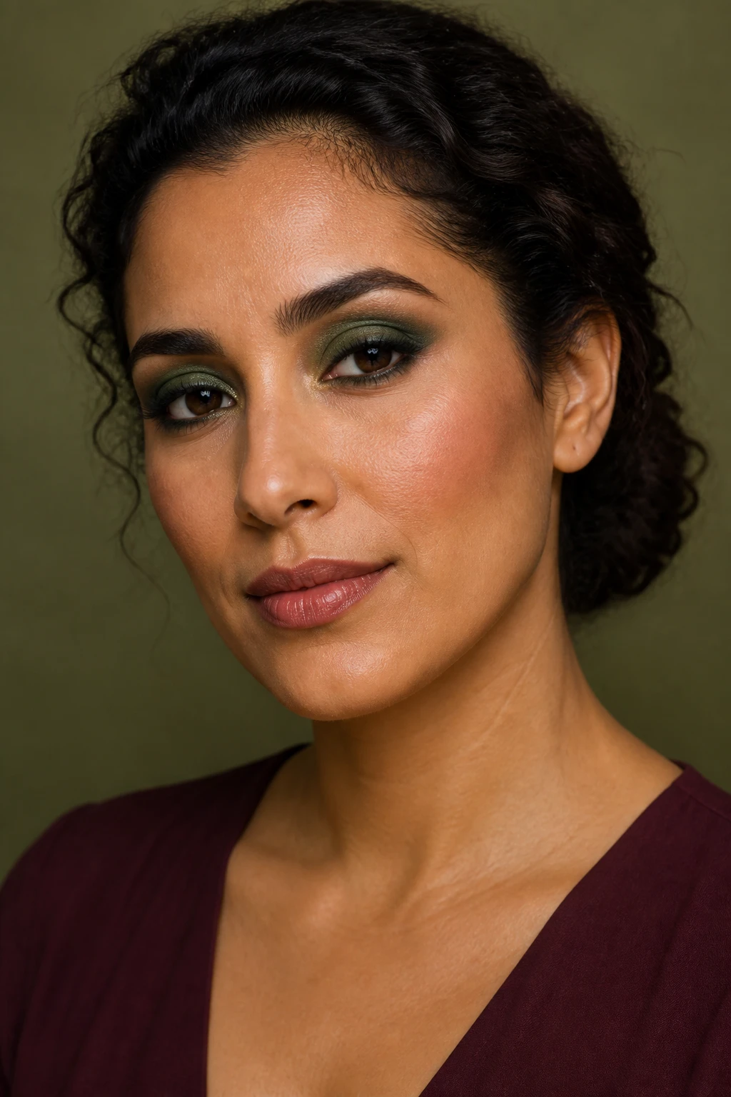 Create a single premium head-and-shoulders beauty portrait of a woman aged 30 to 38 with tan skin, warm olive undertones, almond-shaped dark brown eyes, a long oval face, and softly defined lips. Her thick dark brown curly hair is gathered into a loose low bun, with the curls pinned behind the ears and away from the cheeks. She wears a plain soft burgundy V-neck top with no distracting texture.
Apply richly pigmented forest-green satin eyeshadow across the mobile eyelids, maintaining an even, smooth finish from the inner to outer lid. Blend matte moss-green shadow through the crease and slightly above it with soft edges. Concentrate matte espresso shadow at the outer corners and directly along the upper lash lines, creating depth without covering the green. Add a small muted antique-gold satin highlight at the inner corners. Smudge moss and espresso beneath the lower lash lines, placing moss along the inner half and espresso at the outer half with clear colour separation. Use dark brown pencil tightly along the upper lashes without a visible graphic wing. Add curled, individually separated lashes with moderate volume. Keep the brows naturally full with visible dark hairs and a softly brushed texture.
Create a soft-matte complexion using foundation matched precisely to the face, neck, and chest. Preserve pores, fine facial hairs, natural under-eye detail, and slight facial asymmetry. Apply warm rose-brown blush from the apples toward the upper cheekbones. Add muted olive-brown bronzer around the temples and cheek perimeter. Use a very small amount of antique-gold highlight on the highest points of the cheeks. Line the lips softly with deep rose-brown pencil and apply sheer burgundy tinted balm, allowing the natural lip colour and lip lines to remain visible.
Pose the model at a gentle side angle with both eyes visible and her gaze directed into the camera. The face should fill around 72 percent of the frame. Capture the portrait with a full-frame mirrorless camera and a 100mm macro lens using warm editorial lighting with enough frontal fill to preserve the forest-green pigment. Use a softly blurred olive background that is lighter and more muted than the eye makeup.
Include accurate facial anatomy, aligned pupils, natural eye direction, balanced shadow placement, individual lashes and brow hairs, natural pores, fine facial hairs, natural lip lines, believable skin highlights, accurate colour separation, realistic curl strands, and natural human proportions.
Avoid plastic or waxy skin, excessive smoothing, muddy green shadow, grey or black-looking forest green, disappearing gold, uneven liner, distorted pupils, crossed eyes, duplicate lashes, block brows, oversized lips, mismatched foundation, harsh contour, metallic highlight streaks, strange teeth, distorted earrings, extra fingers, hands covering the makeup, floating products, text, logos, watermarks, collages, and split-screen images.
