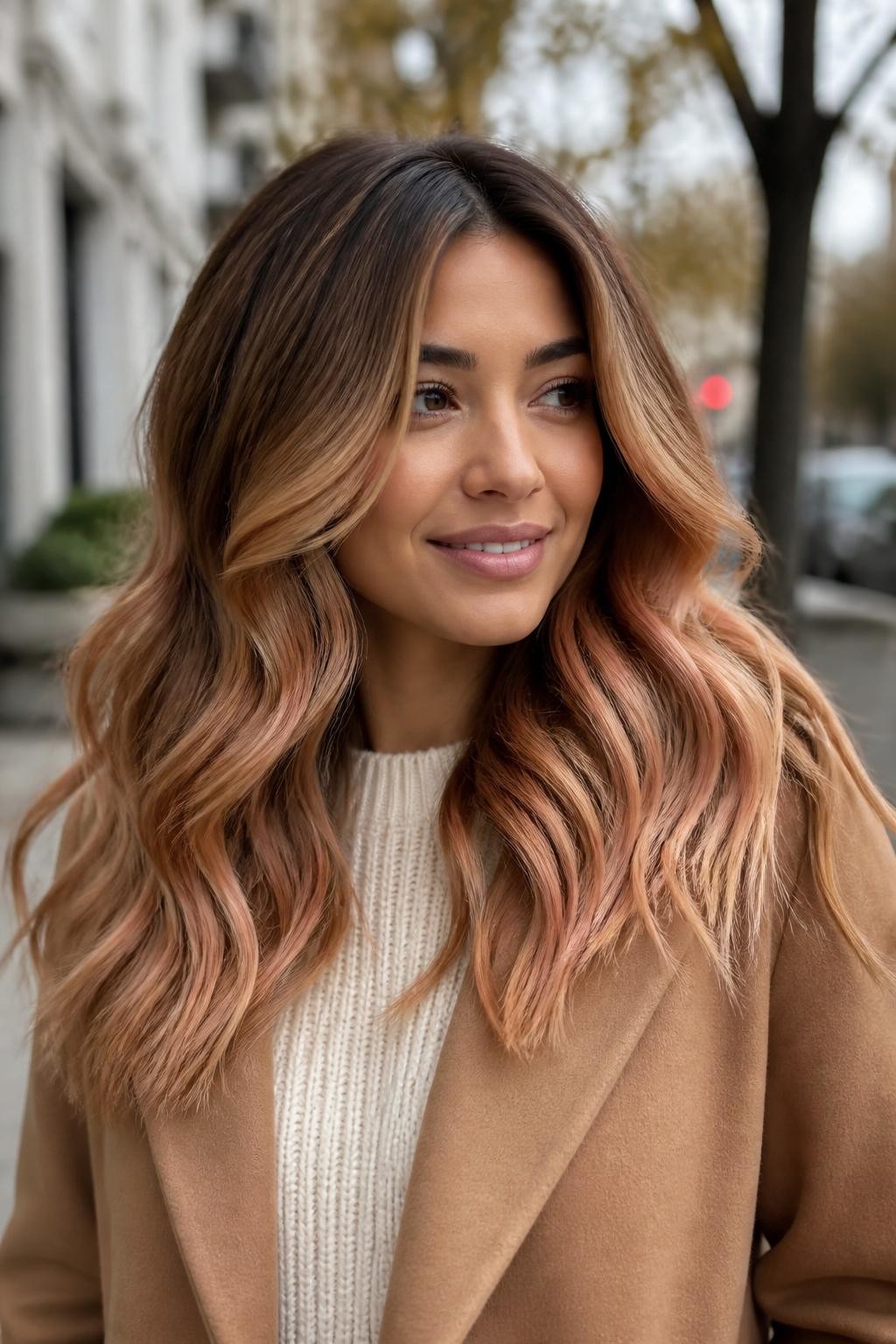 A realistic outdoor portrait of a woman with medium skin and long softly layered waves, spiced chai strawberry blonde balayage, warm chai-brown root base, hand-painted ribbons of cinnamon blonde, muted copper, toasted peach, and creamy golden strawberry through the mid-lengths, brighter pieces concentrated around the front and ends, darker interior layers preserved, seamless blended root transition, no harsh foil stripes, camel coat over an ivory knit top, softly blurred autumn street, overcast daylight, realistic hair movement and dimensional pigment.