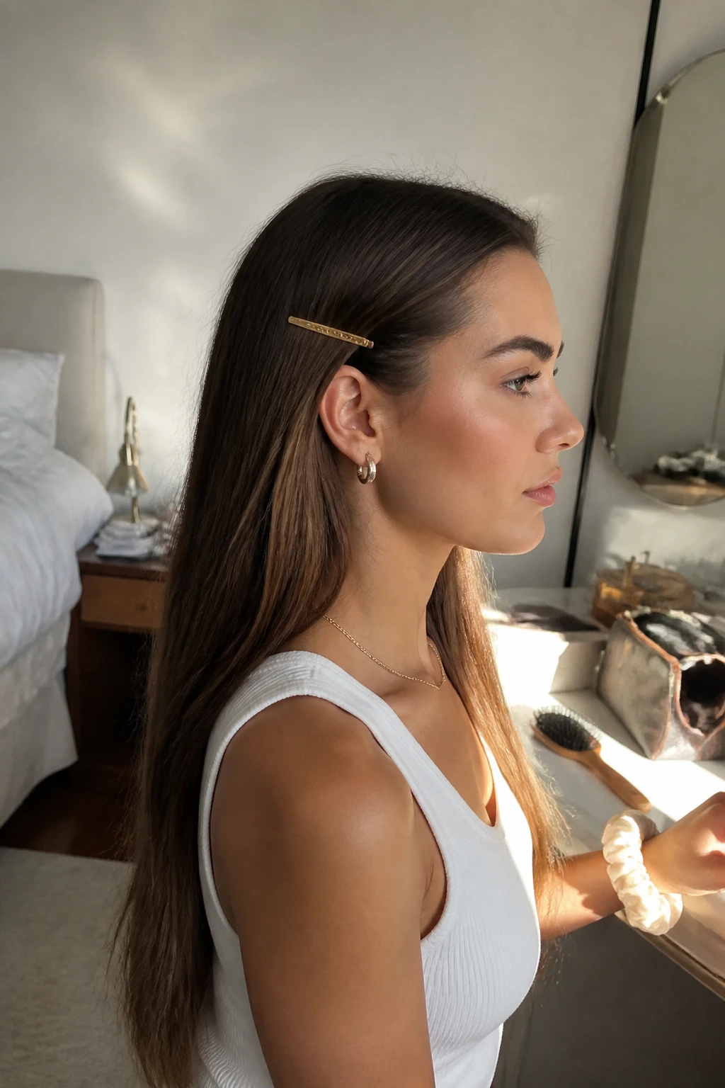Image prompt
Photo of a woman wearing long straight hair with one side pinned neatly behind the ear using a slim gold barrette, side profile view highlighting the accessory and smooth texture, standing in a sun-drenched bedroom, natural window light, containing a small lived-in detail such as a hairbrush on the vanity, a makeup bag nearby, and a silk scrunchie around her wrist, realistic getting-ready moment, latest iPhone photo quality.