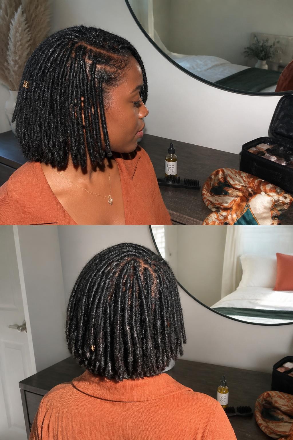 Photo of a Black woman wearing a chin-length loc bob with a deep side part, softly curved ends, and scattered bronze cuffs decorating several front locs, back and side view in a sun-drenched bedroom, natural window light, loc oil and edge brush on the dresser, a rust-colored blouse visible and a silk scarf resting beside an open makeup bag, realistic loc texture, latest iPhone photo quality.