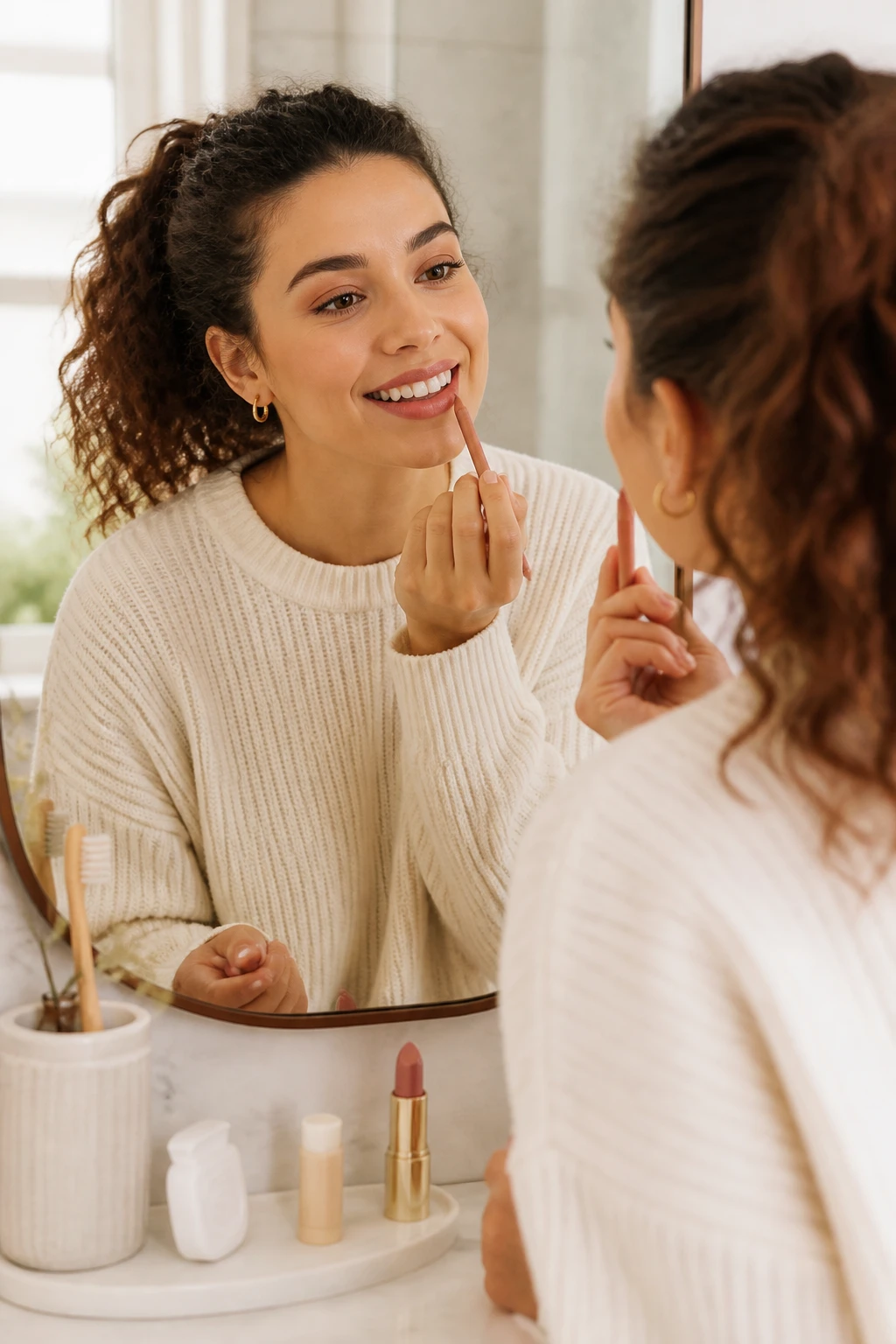 Image Prompt: A bright realistic beauty portrait of a woman smiling naturally while completing a simple fall lip-care routine at a bathroom mirror, gently applying a nourishing lip balm before using a soft rose-brown lip liner and satin lipstick, clean healthy-looking teeth without an unnaturally white finish, smooth but realistic lips, soft curly hair pulled into a loose ponytail, cream sweater and small hoop earrings, toothbrush, floss, lip balm and lipstick arranged neatly on the counter, warm natural morning light, editorial DSLR photography, 85mm lens, no product branding, no text.