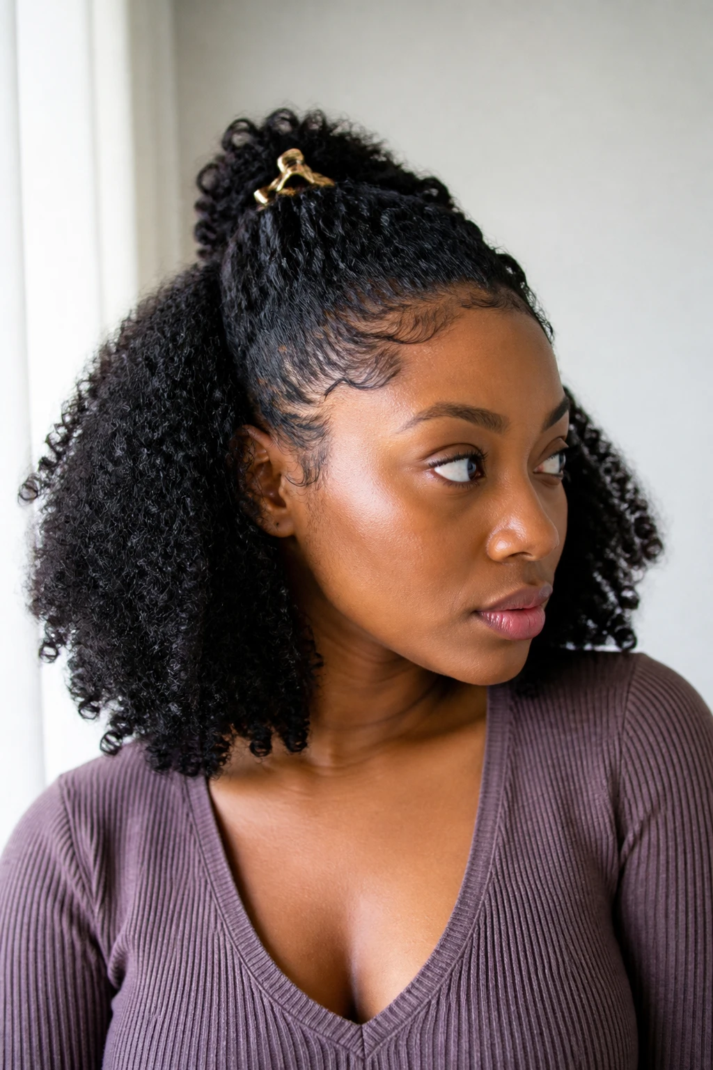Image Prompt:
A realistic portrait photo of a black woman with medium-length natural curly hair styled in a half-up claw clip hairstyle, top curls gathered at the crown and secured with a small gold claw clip, lower curls left full and bouncy around the shoulders, soft baby hairs, warm brown skin, simple ribbed top, bright window light, clean neutral background, natural texture hairstyle inspiration, high-resolution DSLR photo, no text, (no watermarks on images)