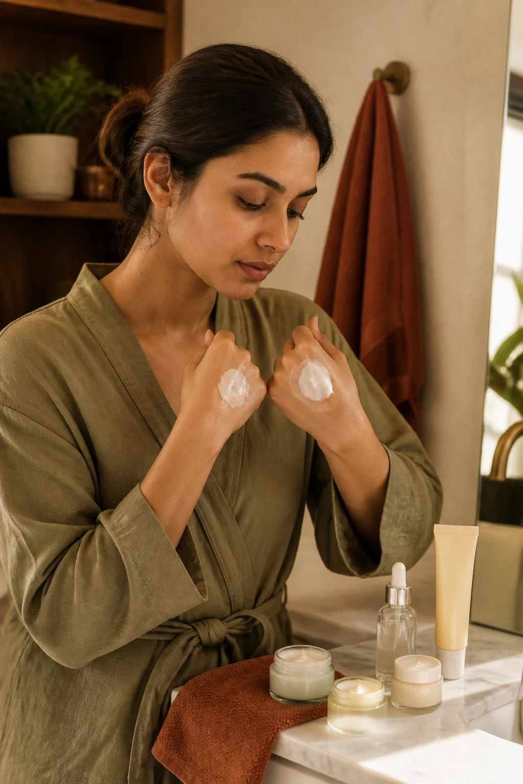 Image Prompt: A realistic skincare editorial photograph of a South Asian woman comparing two moisturizer textures at a bathroom vanity, a lighter lotion on the back of one hand and a richer cream on the other, long dark hair tied into a relaxed low bun, natural makeup-free skin, muted olive robe, unbranded moisturizer jars arranged beside a hydrating serum and sunscreen, warm golden fall daylight, cream wall tiles, walnut shelf and rust-colored hand towel, detailed product textures and realistic skin, DSLR beauty photography, 85mm lens, no visible brand names, no text.