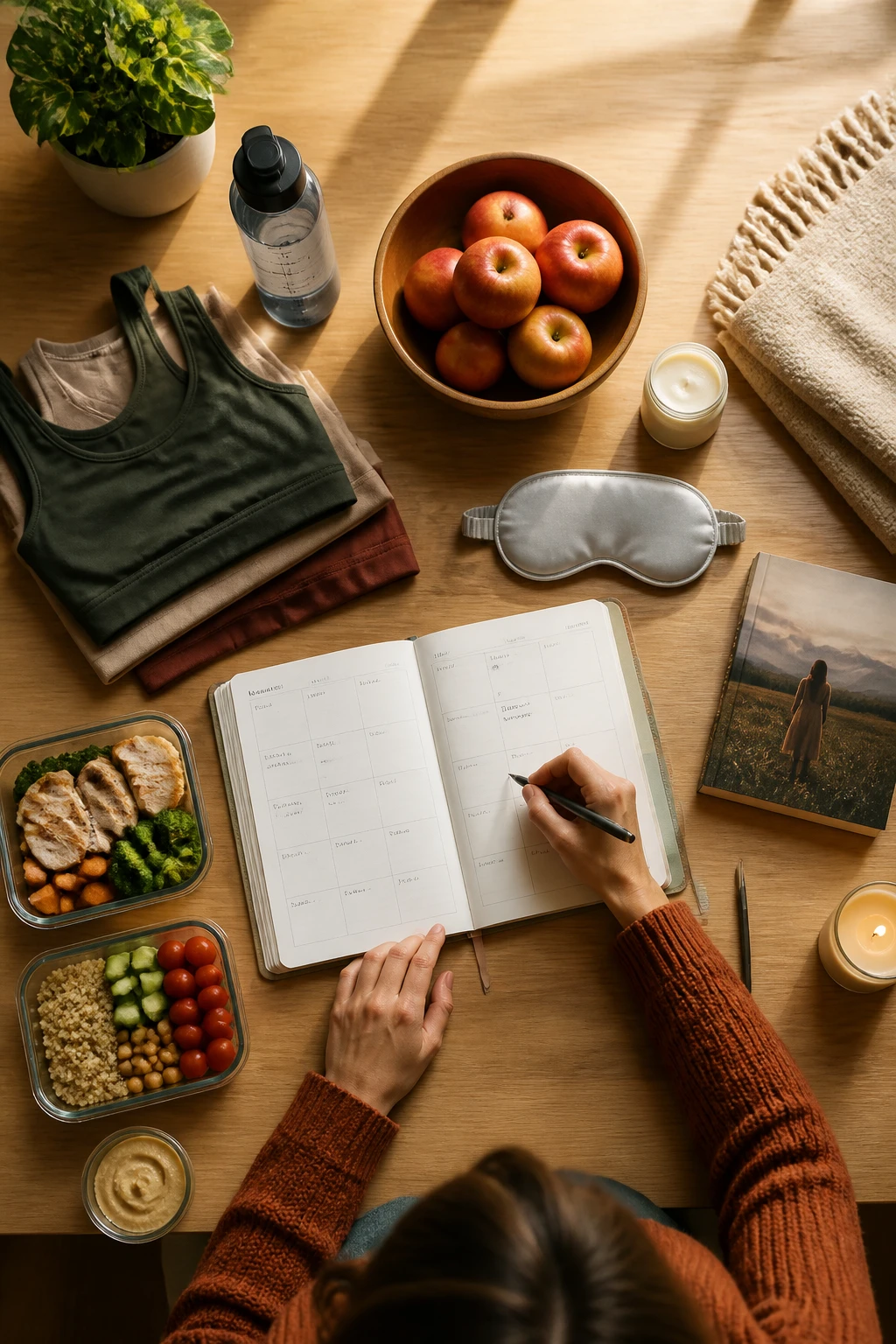 Image Prompt: A realistic overhead editorial photograph of a complete fall wellness reset arranged on a large light-wood table, open weekly planner with unreadable entries, filled water bottle, folded workout clothes, bowl of apples, moisturizer, sleep mask, paperback book and simple meal-prep containers arranged in balanced sections, woman’s hands checking items with a pen, one rust-colored knit sleeve visible, warm late-afternoon sunlight and soft natural shadows, cream, olive, caramel and burgundy color palette, highly realistic paper, food and fabric textures, DSLR flat-lay photography, 50mm lens, no product logos, no text overlay.