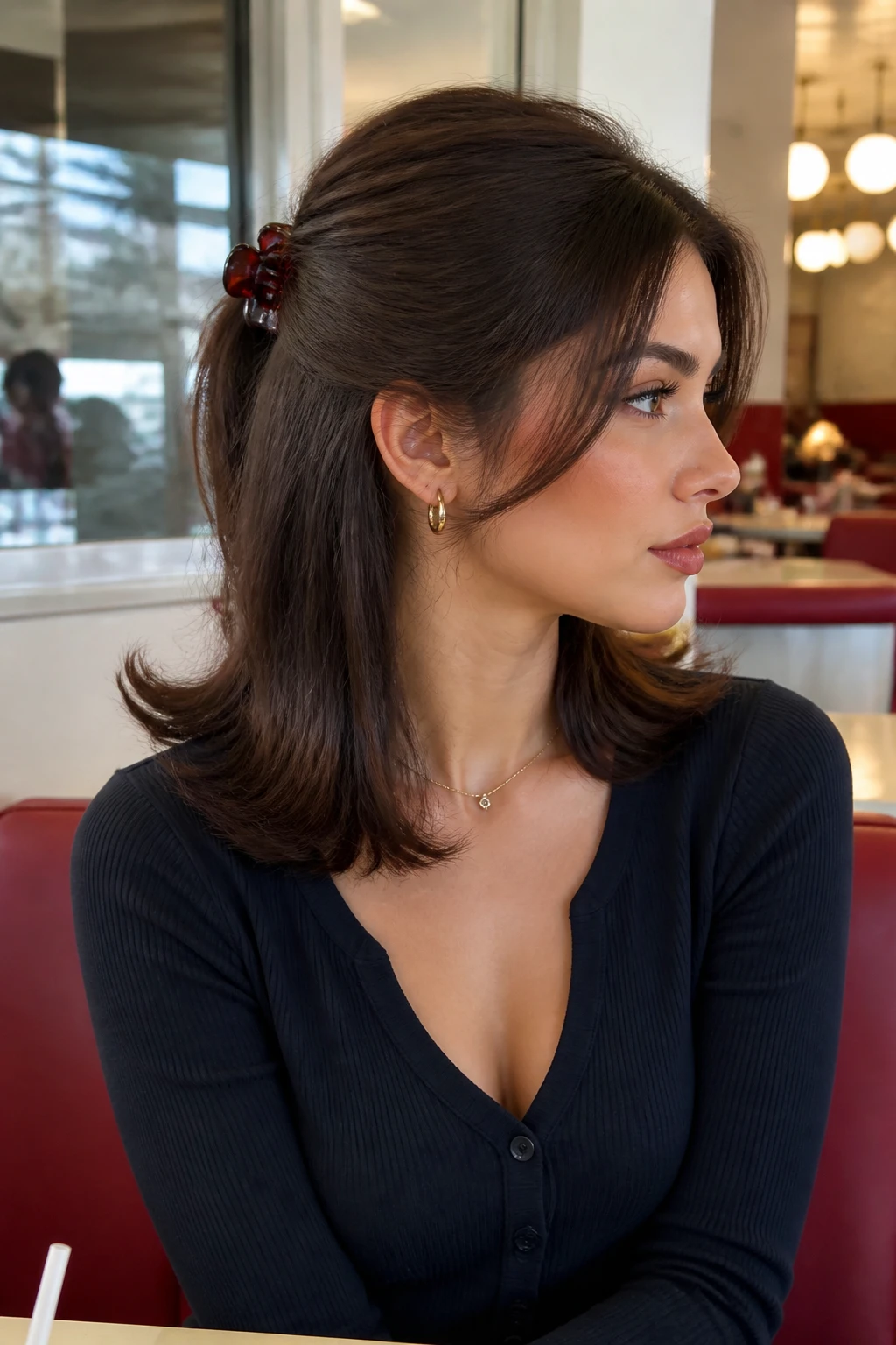Image Prompt:
A realistic fashion beauty photo of a woman with medium-length glossy brunette hair styled half up with a red claw clip and flipped-out ends, soft volume at the crown, smooth face-framing pieces, fitted cardigan, bright café interior, retro-inspired makeup, trendy 90s hairstyle inspiration, sharp DSLR photo quality, no text, (no watermarks on images)