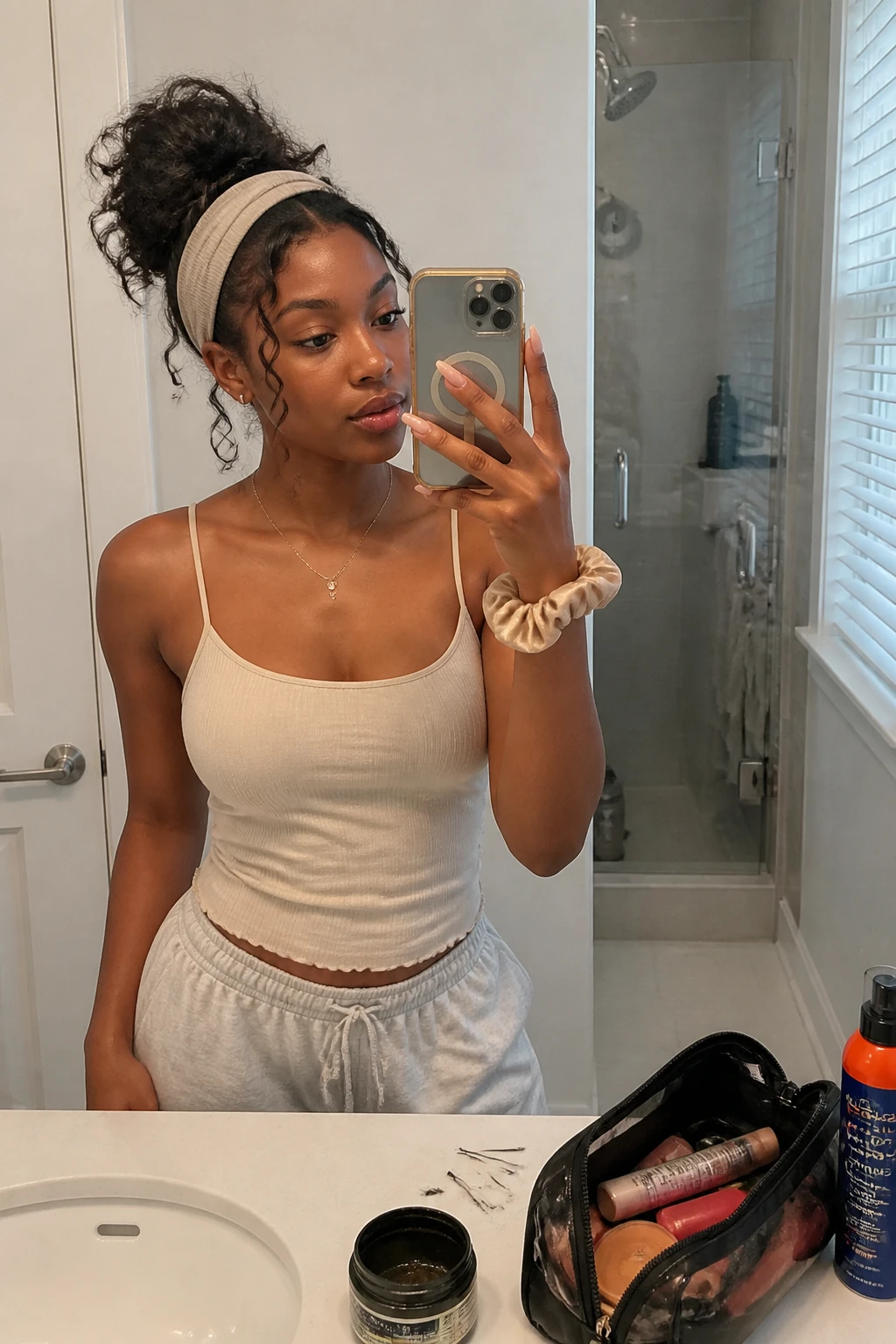 Image prompt

Photo of a Black woman wearing a soft curly top knot with a wide neutral fabric headband, loose curl ends around the bun, and two tendrils framing the face, candid mirror selfie in a softly lit bathroom, natural window light, containing a small lived-in detail such as bobby pins beside a makeup bag, edge gel on the counter, and a silk scrunchie on her wrist, realistic getting-ready moment, latest iPhone photo quality.