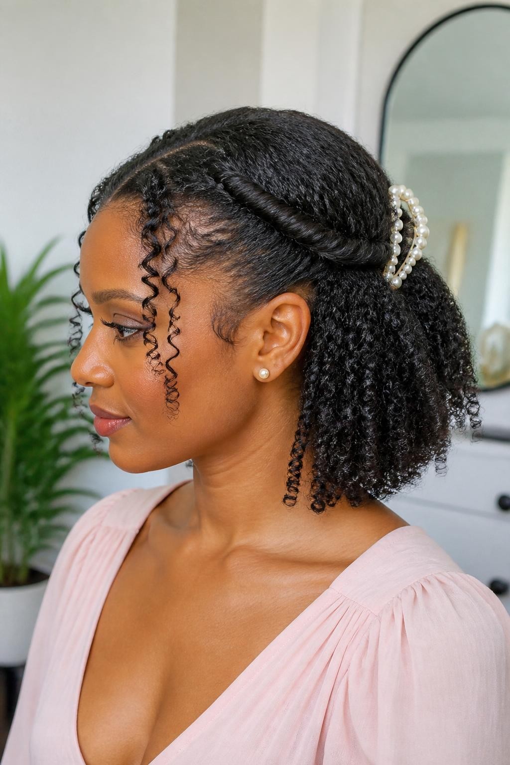 A realistic hairstyle photo of a black woman with medium-length natural curls styled with two soft crown twists meeting at the back and secured with a pearl claw clip, a few curly front pieces left out, smooth edges, warm brown skin, pastel pink blouse, bright indoor natural light, feminine natural hair inspiration, DSLR photography, no text, (no watermarks on images)