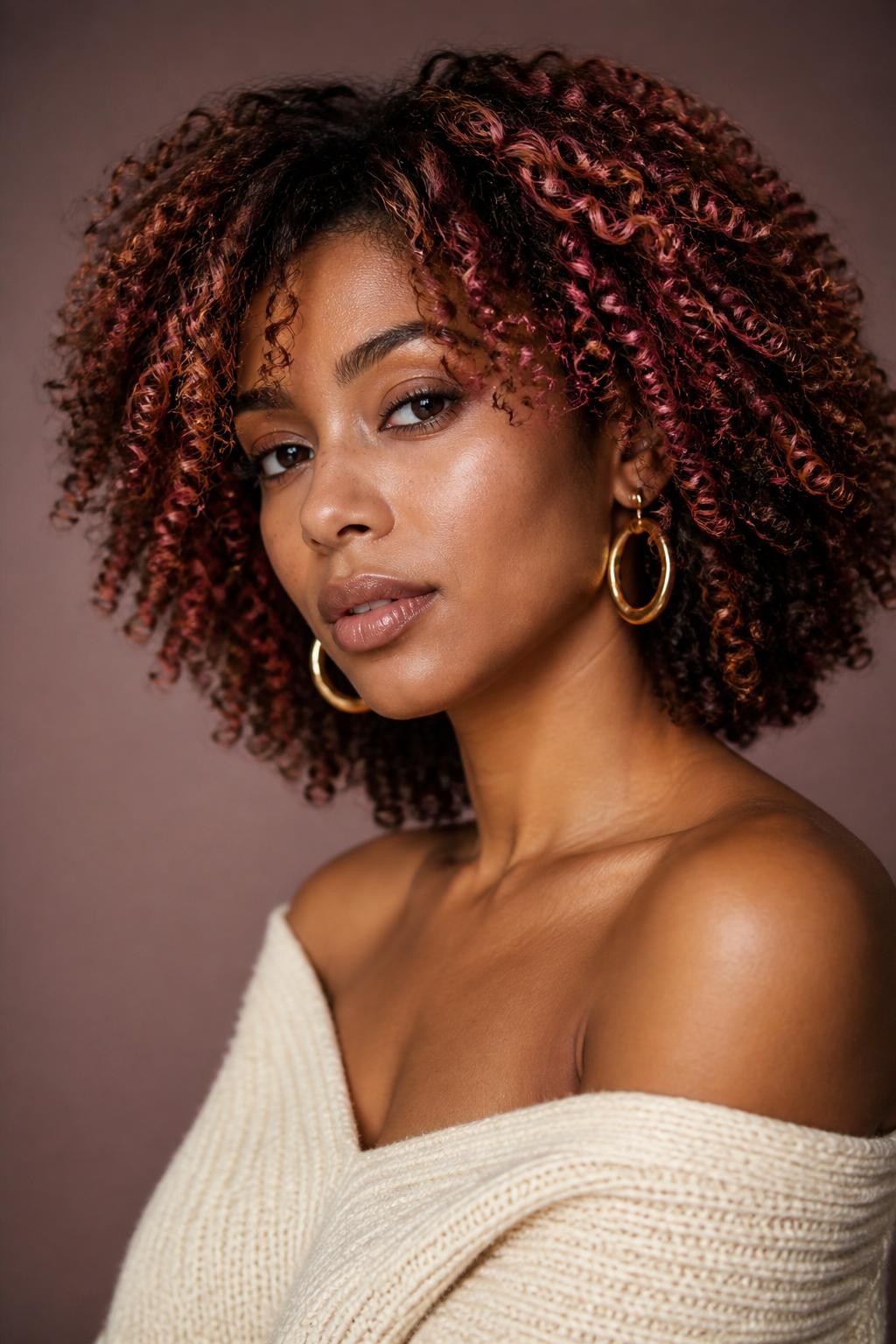 A realistic editorial portrait of a Black woman with medium brown skin and collarbone-length curls, deep auburn-brown root base with rosewood copper prism color, separate ribbons of muted rose-magenta, penny copper, coral-red, and strawberry-bronze painted onto individual curls, brighter tones concentrated around the face and upper crown, dark inner curls fully preserved, no repeated striped pattern or neon pink sections, defined texture with natural frizz, ivory off-shoulder sweater, sculptural gold hoops, dusty rose-brown background, soft autumn window light, realistic pigment separation and natural skin texture.