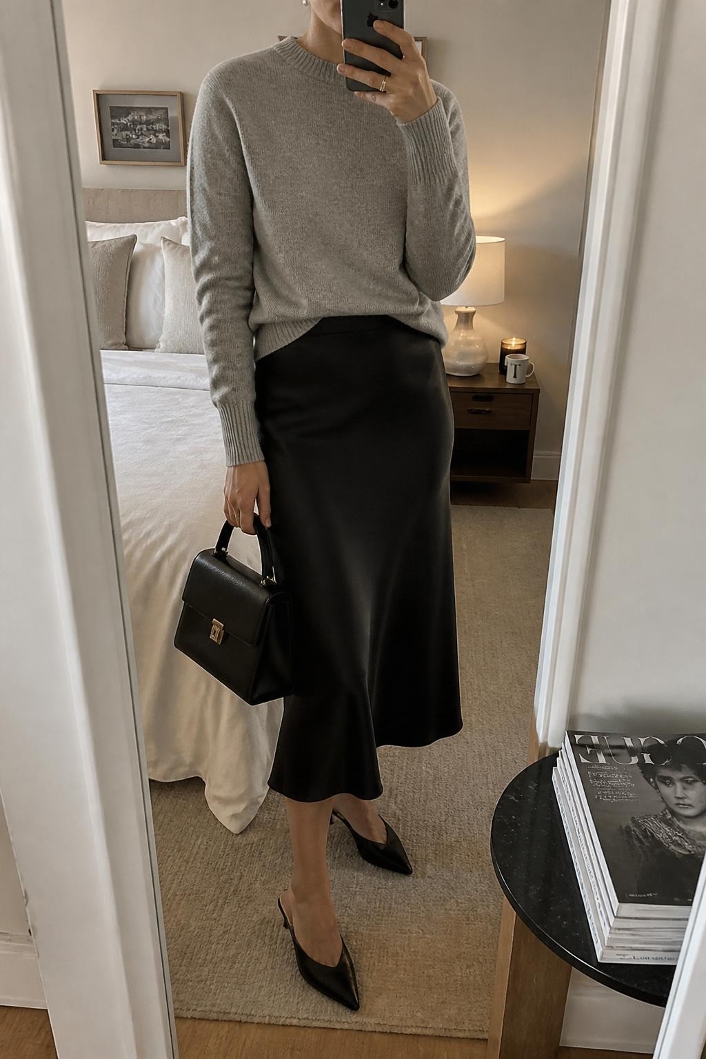 mirror selfie of a woman wearing a soft gray cashmere sweater, black satin midi skirt, black pointed kitten heels, silver stud earrings, and a black leather top-handle bag, clearly showing the same clothing items, colors, fabrics, and accessories listed in the Outfit Pieces section, holding a phone in front of a mirror, cropped at NECK so the face does not show, with a relaxed casual selfie pose, in a cozy bedroom mirror setup, soft indoor lighting, including a coffee mug on a bedside table and a stack of fashion magazines on a side table, latest iPhone photo quality.