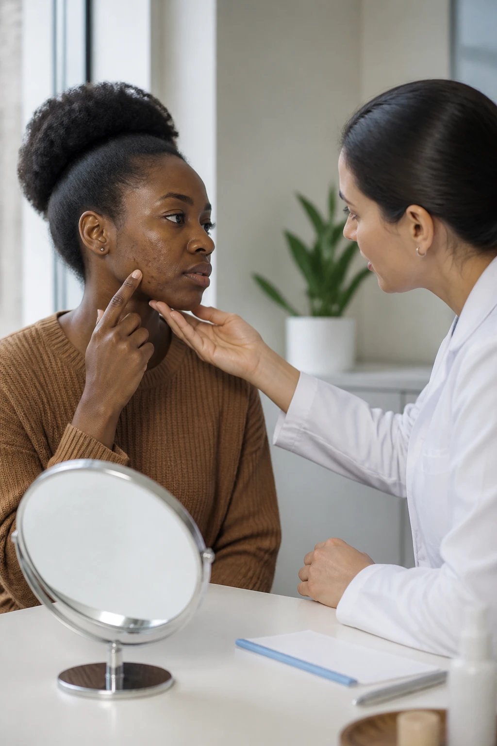 Image Prompt: A realistic professional consultation photograph of a Black woman with rich dark skin speaking with a female dermatologist inside a bright modern clinic, patient pointing to recurring painful breakouts along her lower cheeks and jaw while the dermatologist examines the area carefully without performing a procedure, natural post-acne marks and skin texture visible, patient wearing a camel knit sweater and dermatologist wearing a plain white coat, both seated at eye level, simple mirror and skincare notes on the desk, soft natural window light, respectful reassuring atmosphere, premium DSLR healthcare editorial photography, 50mm lens, no clinic branding, no readable medical information, no text.