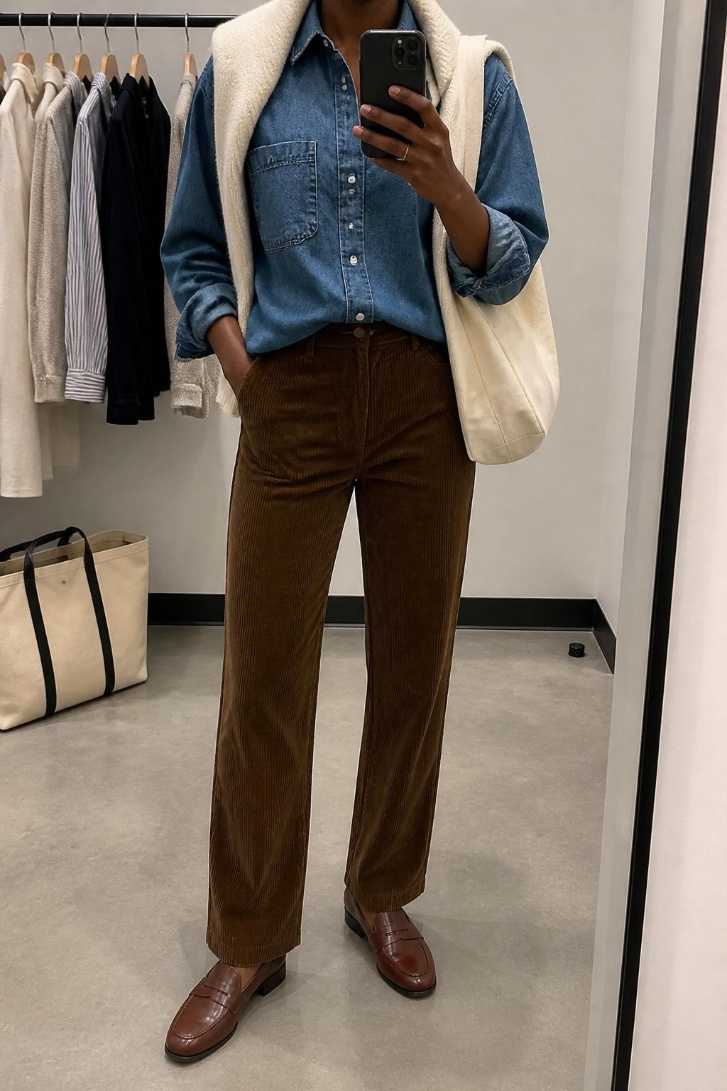 mirror selfie of a Black woman wearing a medium wash denim button-down shirt, brown corduroy straight-leg pants, cream cardigan draped over the shoulders, brown loafers, and a cream canvas tote, clearly showing the same clothing items, colors, fabrics, and accessories listed in the Outfit Pieces section, holding a phone in front of a mirror, cropped at NECK so the face does not show, with a relaxed casual selfie pose, in a minimal dressing room, soft indoor lighting, including a clothing rack with garments behind and a tote bag resting on the floor, latest iPhone photo quality.