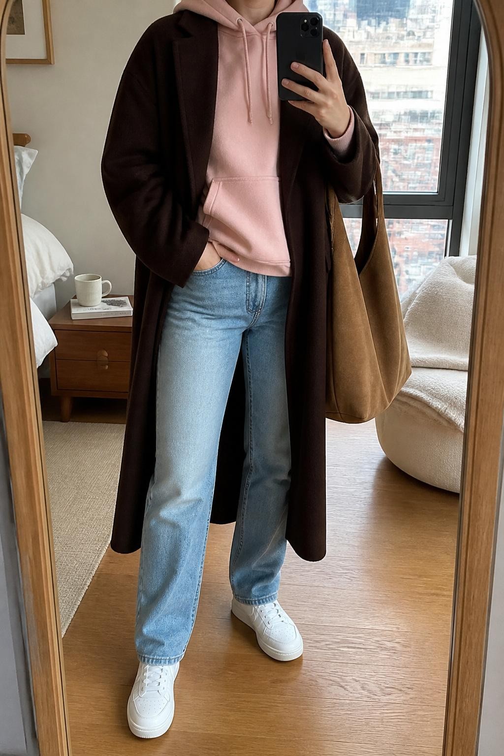 mirror selfie of a woman wearing a soft pink cotton hoodie under a long chocolate brown wool coat, medium-wash relaxed straight jeans, white leather sneakers, and a tan suede tote bag, clearly showing the same clothing items, colors, fabrics, and accessories listed in the Outfit Pieces section, holding a phone in front of a mirror, cropped at NECK so the face does not show, with a relaxed casual selfie pose, in a stylish city apartment, natural window light, including a coffee mug on a bedside table and a folded blanket on a chair, latest iPhone photo quality.