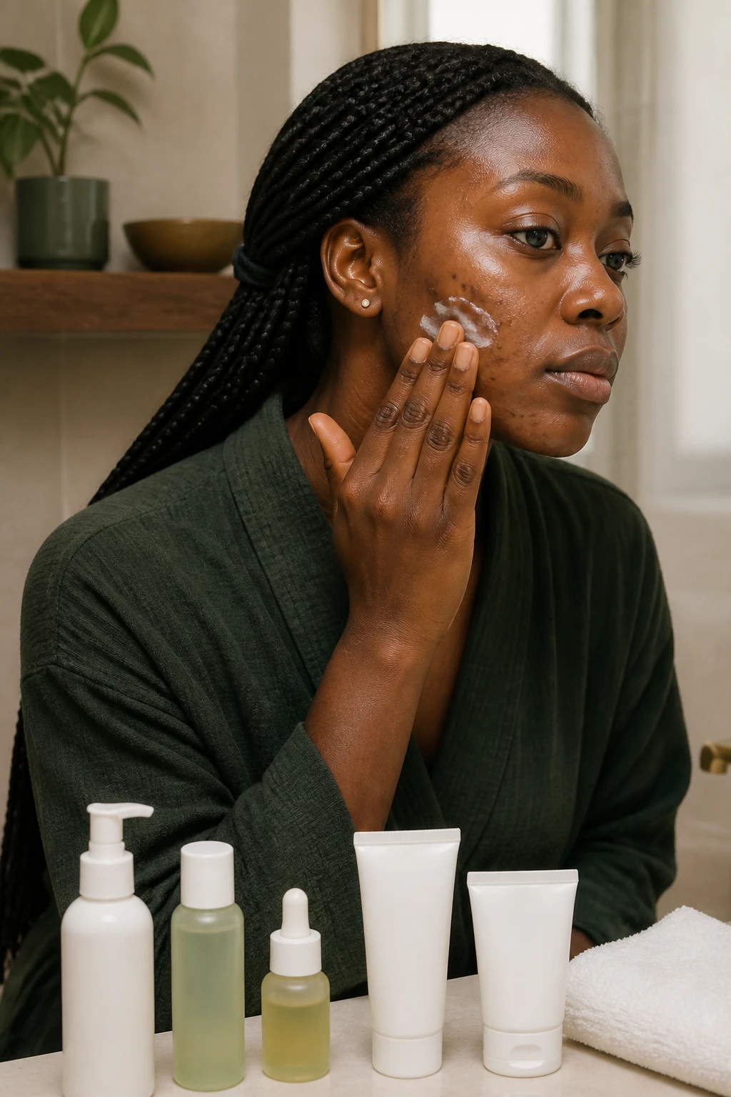 Image Prompt: A realistic skincare portrait of a Black woman with rich ebony skin completing a gentle acne routine in a clean bathroom, several small active blemishes and flat post-acne marks visible along the jaw and cheeks, natural skin texture left unretouched, woman wearing a forest-green robe with long box braids secured away from her face, applying a thin layer of low-strength benzoyl peroxide across an acne-prone area, mild cleanser, lightweight moisturizer, azelaic acid, sunscreen, and clean white towel arranged nearby, warm diffused window light, cream tile and walnut shelf, honest inclusive DSLR beauty photography, 85mm lens, no logos, no text.