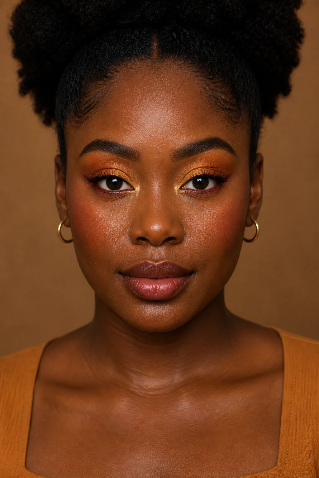 Create one high-end professional beauty portrait of a Black woman aged 22 to 29 with deep skin, warm neutral-red undertones, large upturned dark brown eyes, a softly oval face, and naturally full lips. Her dense natural hair is styled in a rounded high puff with the front hairline smooth and all curls kept away from the eyes and cheeks. She wears a simple deep ochre square-neck top that complements but does not match the eyelid shade exactly.
Apply an opaque neutral eye base, then sweep richly pigmented matte ochre eyeshadow across the mobile lids and slightly above the crease. Keep the ochre smooth, warm, and clearly visible on deep skin, with no pale or chalky cast. Blend matte cinnamon shadow into the outer corners and outer crease for soft structure. Add a tiny satin golden-beige highlight at the inner corners. Tightline the upper lash lines with dark brown pencil, keeping the visible upper liner extremely thin. Apply richly pigmented brick-red pencil beneath the outer half of each lower lash line, smudge it softly, and extend the outer edge into a short upward reverse-liner flick. Keep a clean space between the lower flick and upper lash line. Add dark brown mascara to curled, individually separated lashes. Shape the brows with a full but natural brushed texture and visible hairs.
Use natural satin foundation accurately matched to the face, neck, shoulders, and chest. Properly expose the deep skin and preserve pores, fine facial hairs, natural under-eye texture, and believable skin highlights. Apply burnt-apricot blush high on the cheeks and blend it toward the temples. Add deep warm bronzer around the perimeter of the face. Use a subtle warm-gold highlight on the upper cheekbones without metallic stripes. Line the lips with deep rose-brown pencil and apply a softly stained deep rose-brown lip colour with natural edges and visible lip lines.
Pose the model front-facing with her chin slightly lifted, direct eye contact, and both eyes fully visible. Her face should occupy about 80 percent of the frame. Capture the image with a full-frame DSLR and a 100mm macro lens using warm editorial lighting with balanced frontal fill. Preserve the ochre lid colour and brick-red reverse liner clearly. Use a softly blurred caramel background.
Request accurate facial anatomy, correctly aligned pupils, natural eye direction, symmetrical reverse-liner flicks, individual eyelashes and eyebrow hairs, pores, fine facial hairs, natural lip lines, subtle asymmetry, believable highlights, precise colour placement, realistic coily hair strands, and natural proportions.
Avoid plastic or ashy skin, excessive smoothing, chalky ochre, muddy cinnamon, brick liner resembling eye irritation, uneven lower flicks, disappearing makeup, distorted pupils, crossed eyes, duplicate lashes, block brows, oversized lips, mismatched foundation, harsh contour stripes, metallic cheek streaks, strange teeth, distorted earrings, extra fingers, hands covering the makeup, floating products, text, logos, watermarks, collages, and split-screen images.
