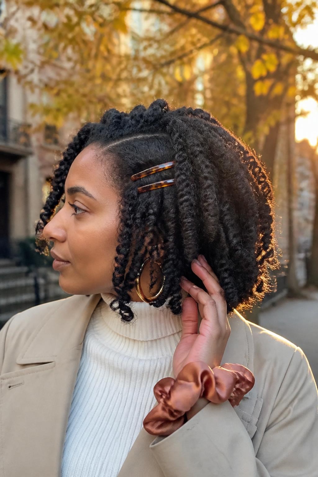 Photo of a Black woman wearing a rounded shoulder-length twist-out lob with defined bends, soft fluffy ends, and a deep side sweep secured with two slim amber barrettes, side-profile view against a softly blurred city street with golden fall leaves, warm sunset glow, gold hoop earrings peeking through and a silk scrunchie around her wrist, realistic natural texture and soft frizz, latest iPhone photo quality.