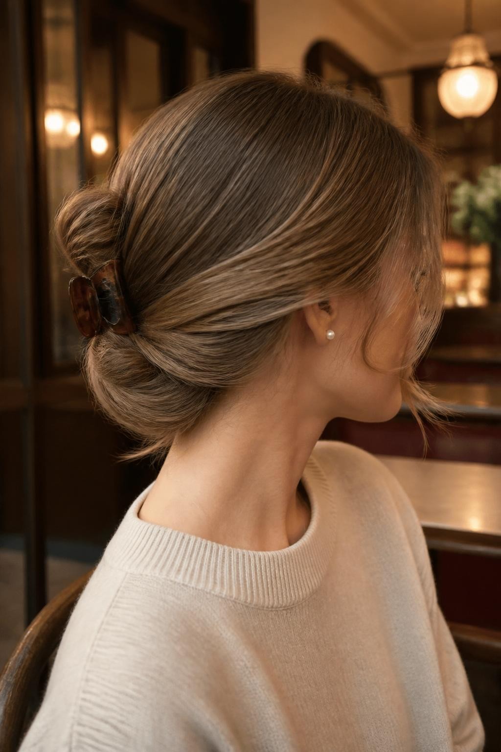 A realistic close-up hairstyle photo of a woman with long dark blonde hair styled into a low claw clip chignon, hair softly twisted into a low rounded shape at the nape with a small brown claw clip tucked into the side, smooth crown, delicate pearl studs, soft beige sweater, warm café interior background, elegant minimal hairstyle inspiration, high-resolution photo, no text, no watermark.